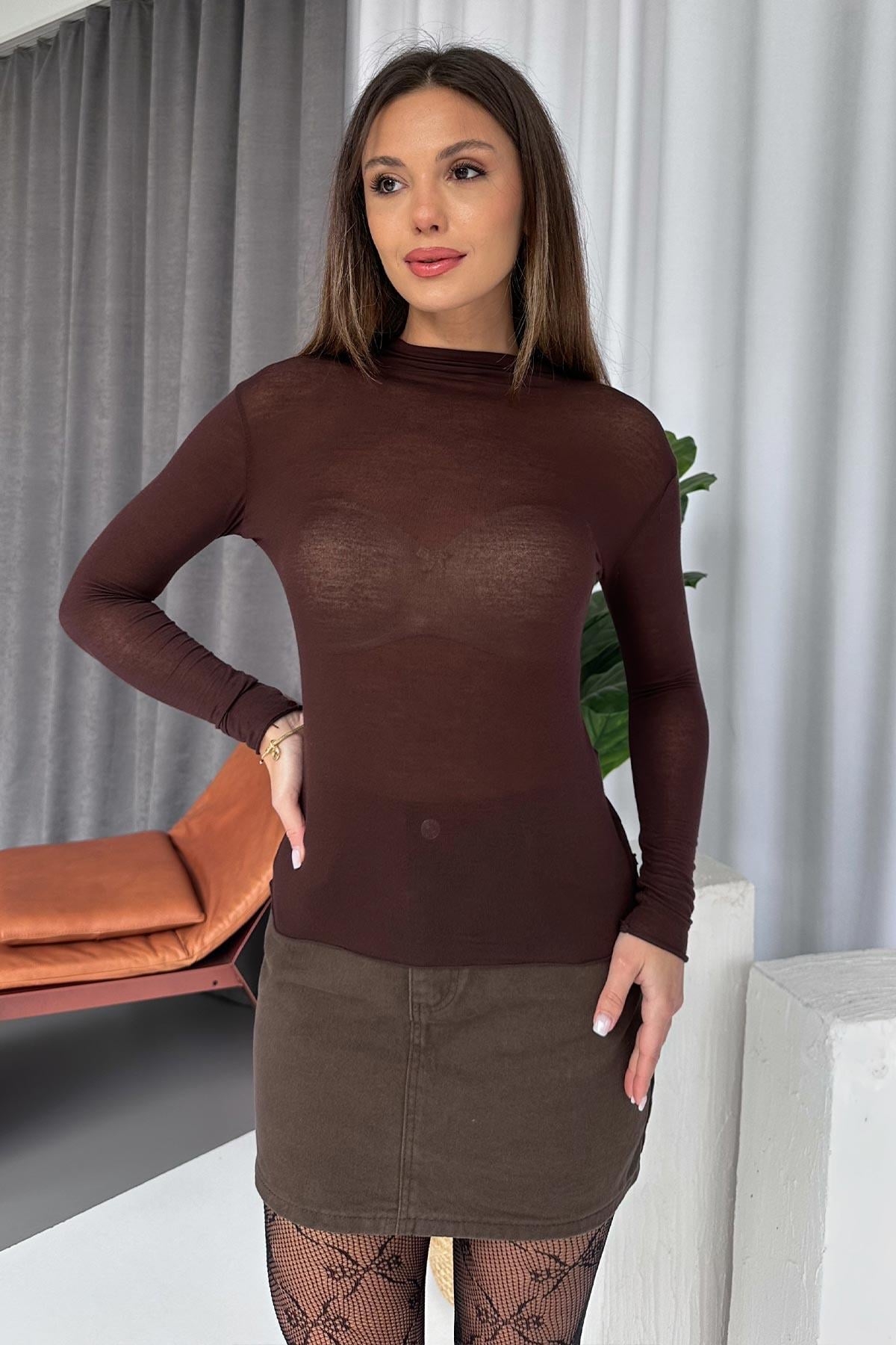 Kayık Yaka Basic Transparan Kadın Body - Kahverengi