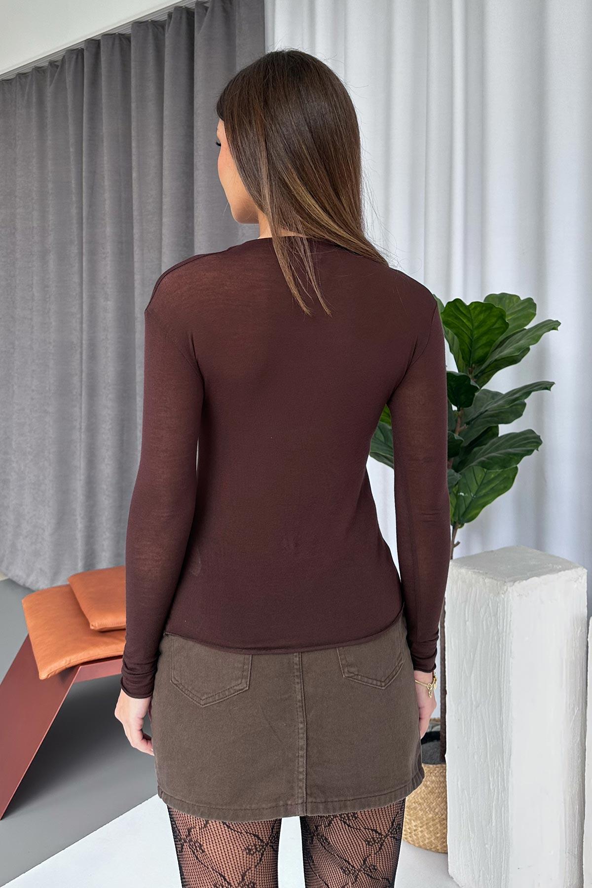 Kayık Yaka Basic Transparan Kadın Body - Kahverengi