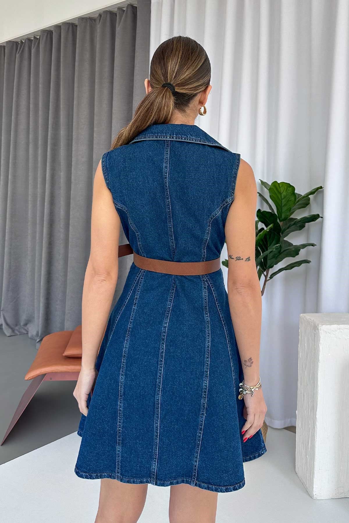 Kemer Detaylı Denim Kiloş Kesim Kadın Elbise - Lacivert