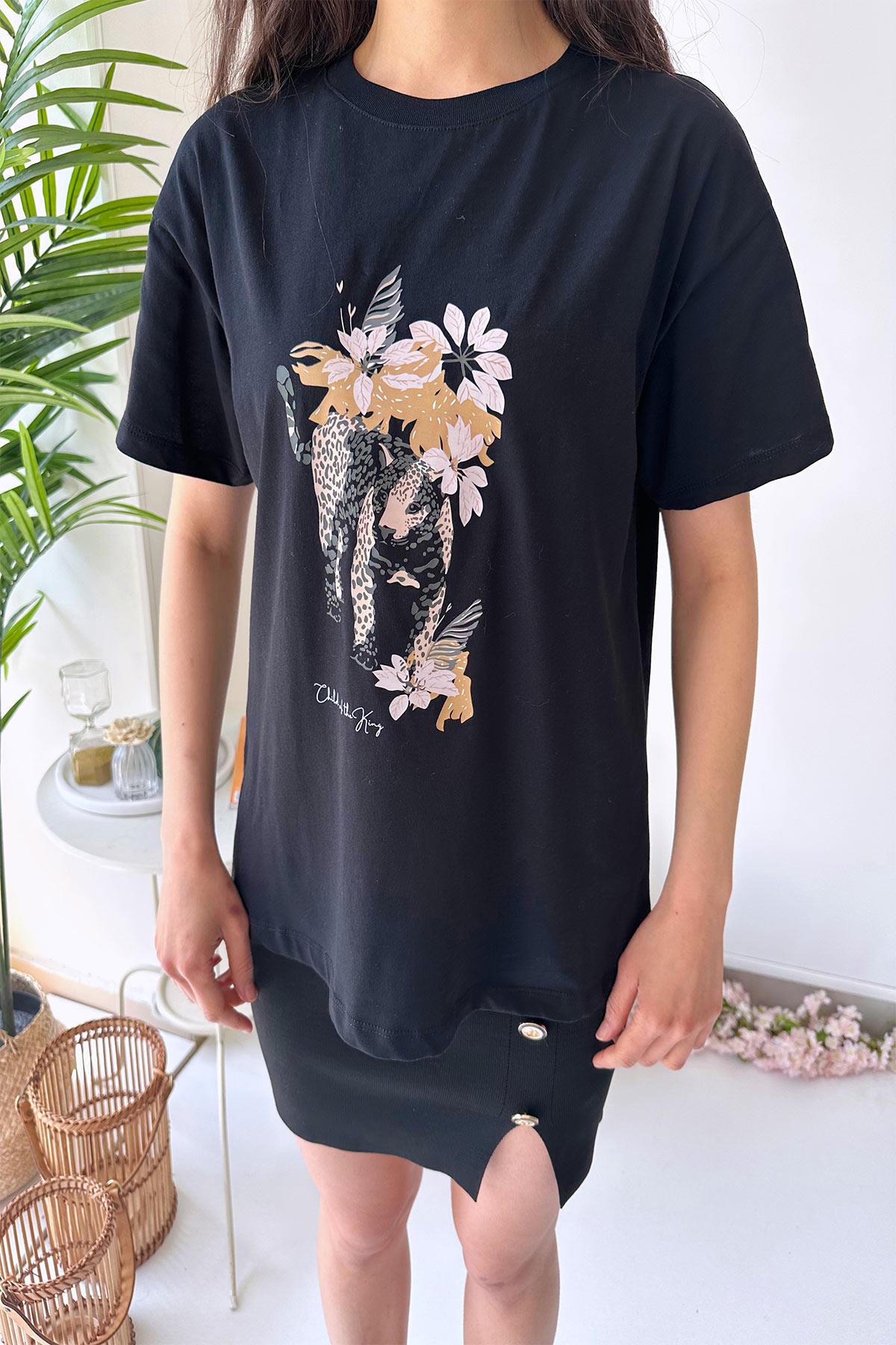 Kısa Kol Çiçek ve Leopar Baskılı Kadın T-shirt - Siyah