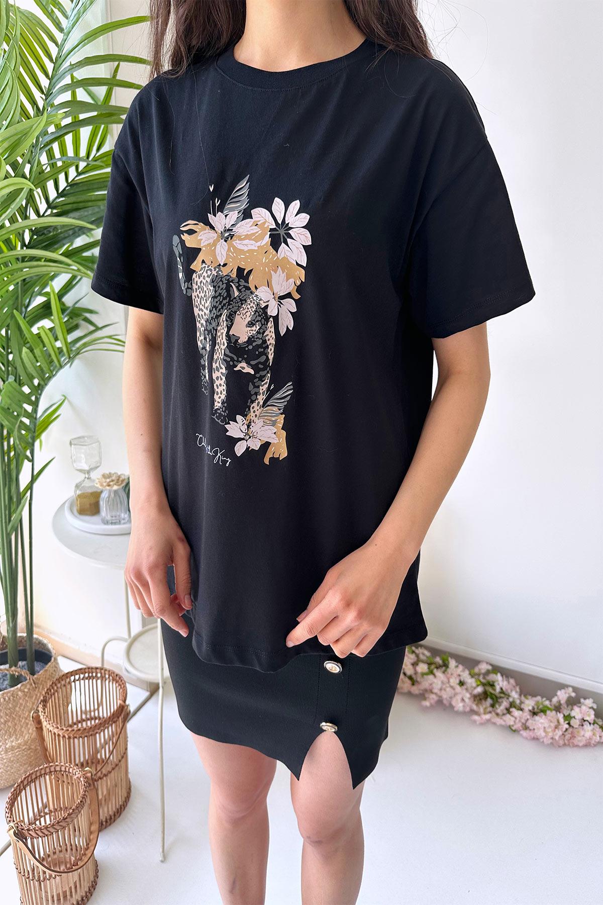 Kısa Kol Çiçek ve Leopar Baskılı Kadın T-shirt - Siyah