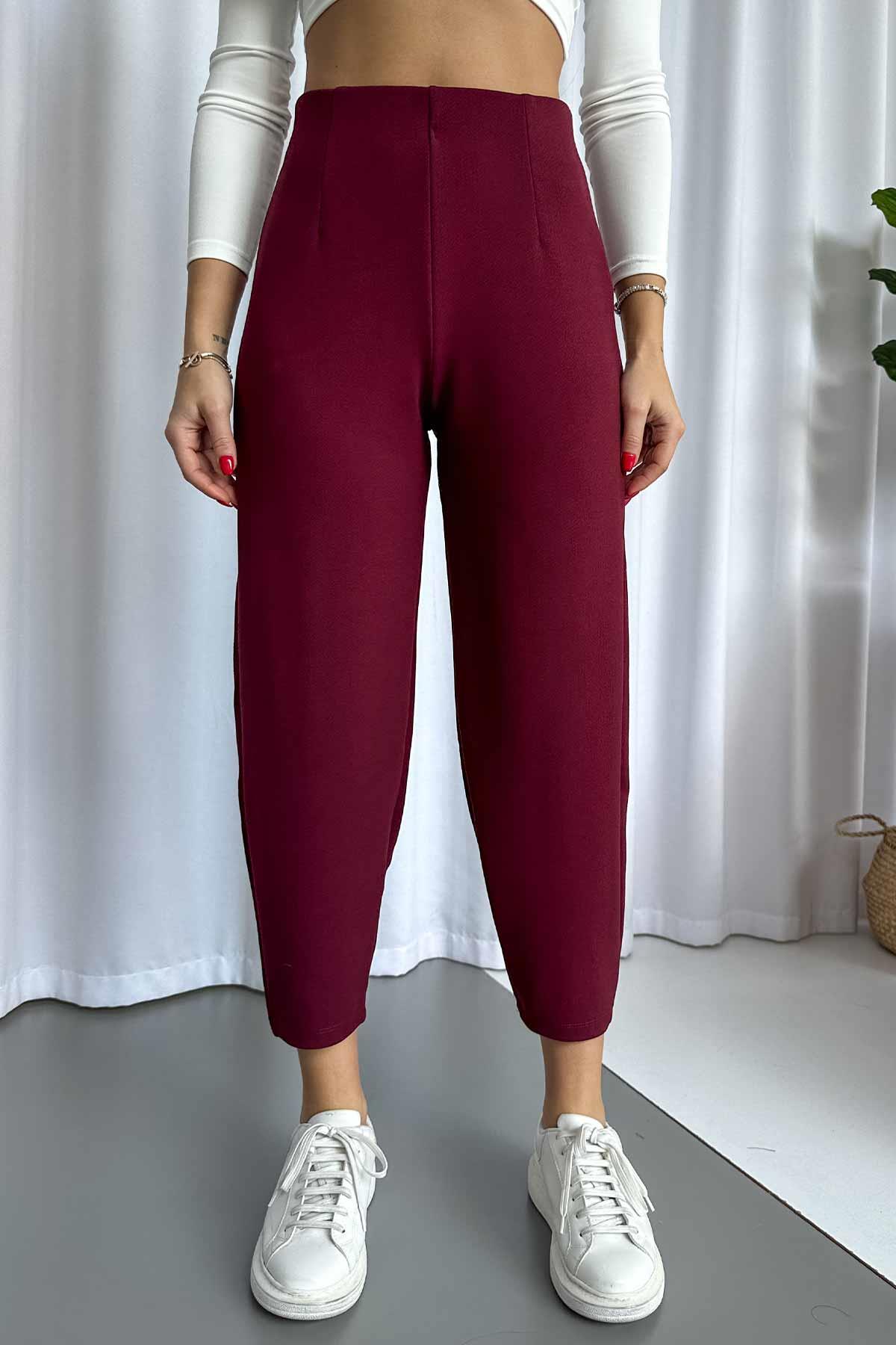 Krep Kemersiz Balon Kadın Pantolon - Bordo