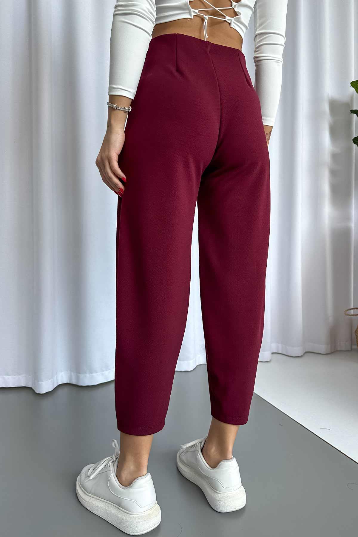 Krep Kemersiz Balon Kadın Pantolon - Bordo