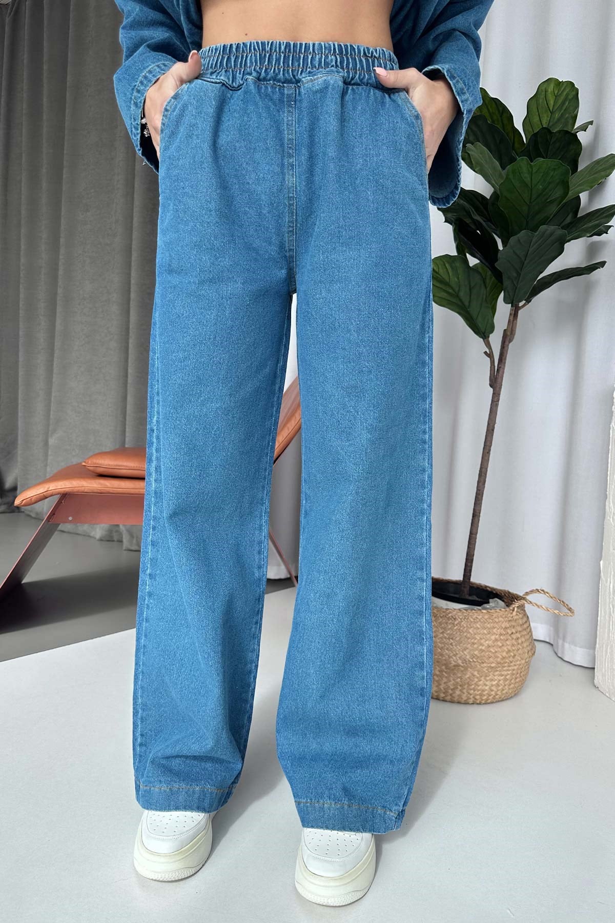Kuşak Detay Asimetrik Yaka Denim Takım - Mavi