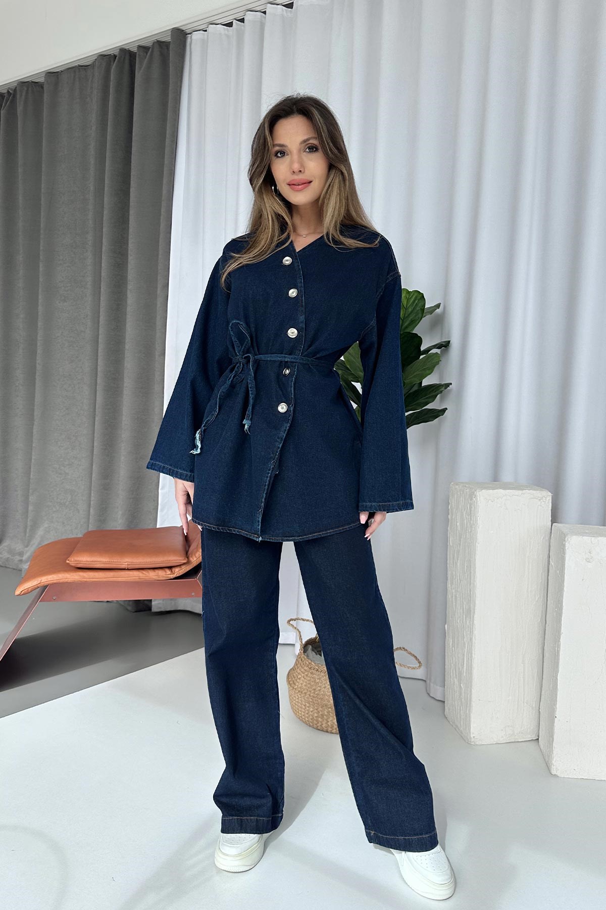Kuşak Detay Asimetrik Yaka Denim Takım - Lacivert