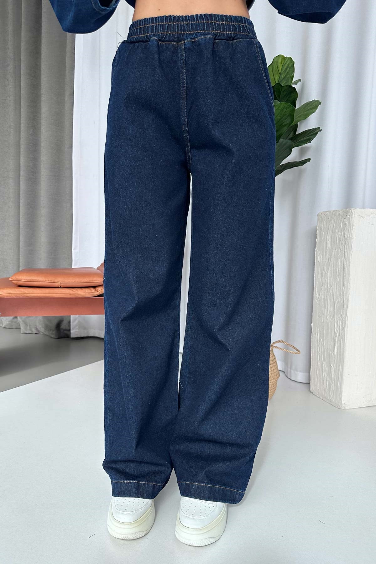 Kuşak Detay Asimetrik Yaka Denim Takım - Lacivert