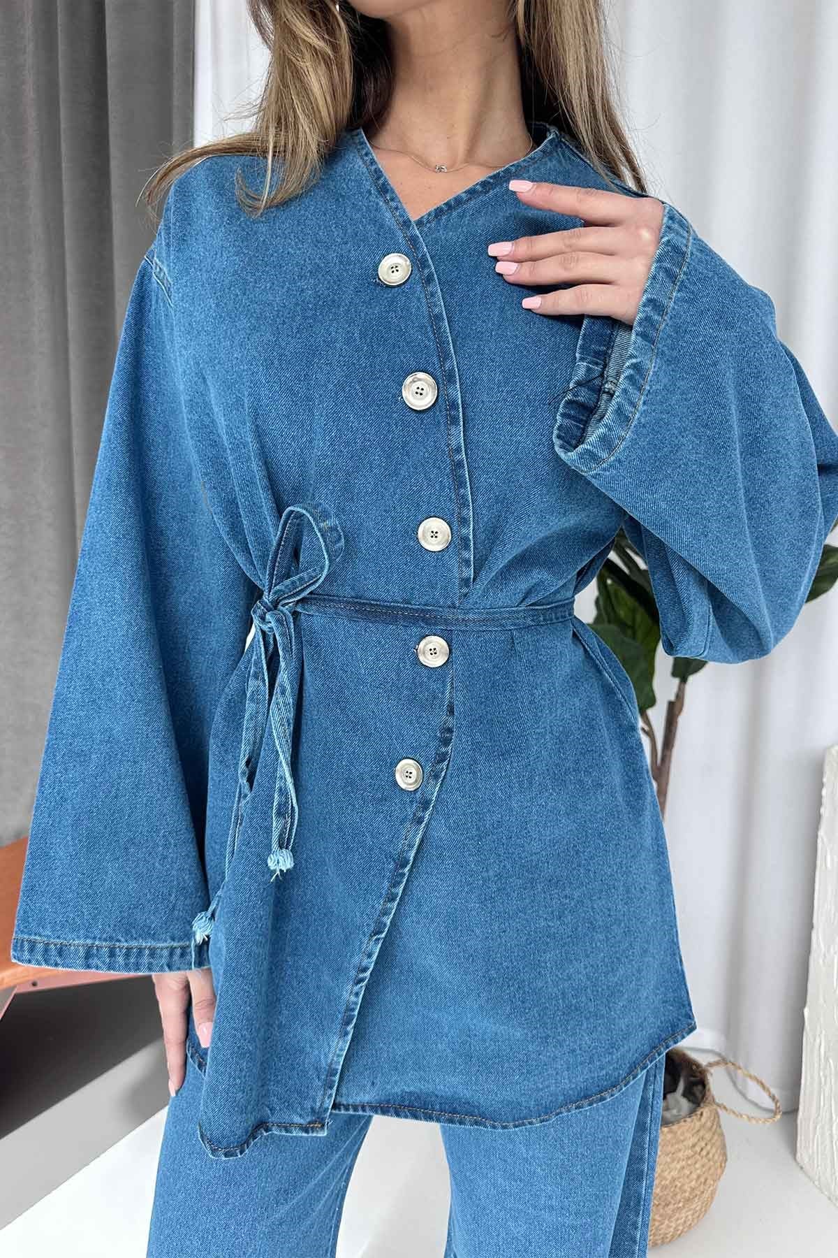 Kuşak Detay Asimetrik Yaka Denim Takım - Mavi