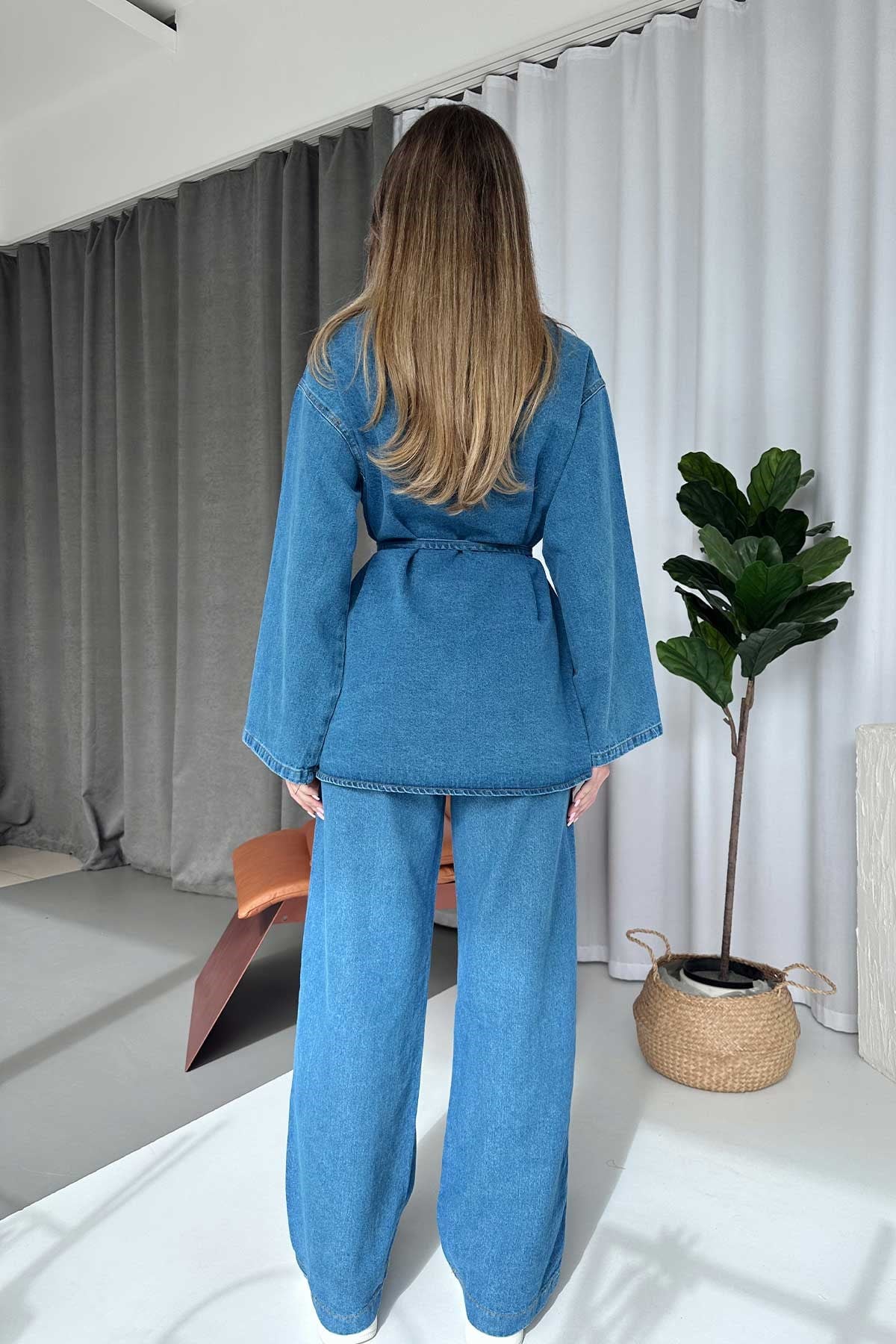 Kuşak Detay Asimetrik Yaka Denim Takım - Mavi