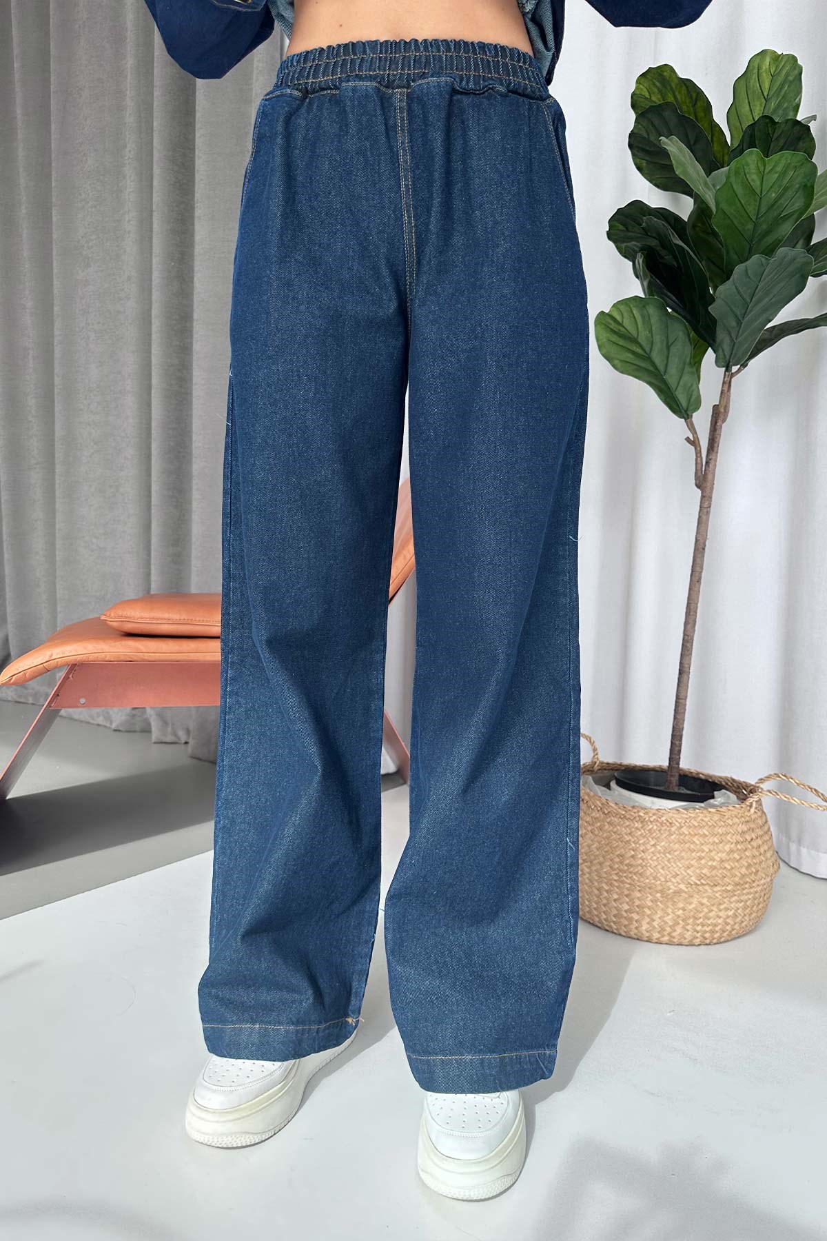 Kuşak Detay Gömlek Yaka Denim Takım - Lacivert