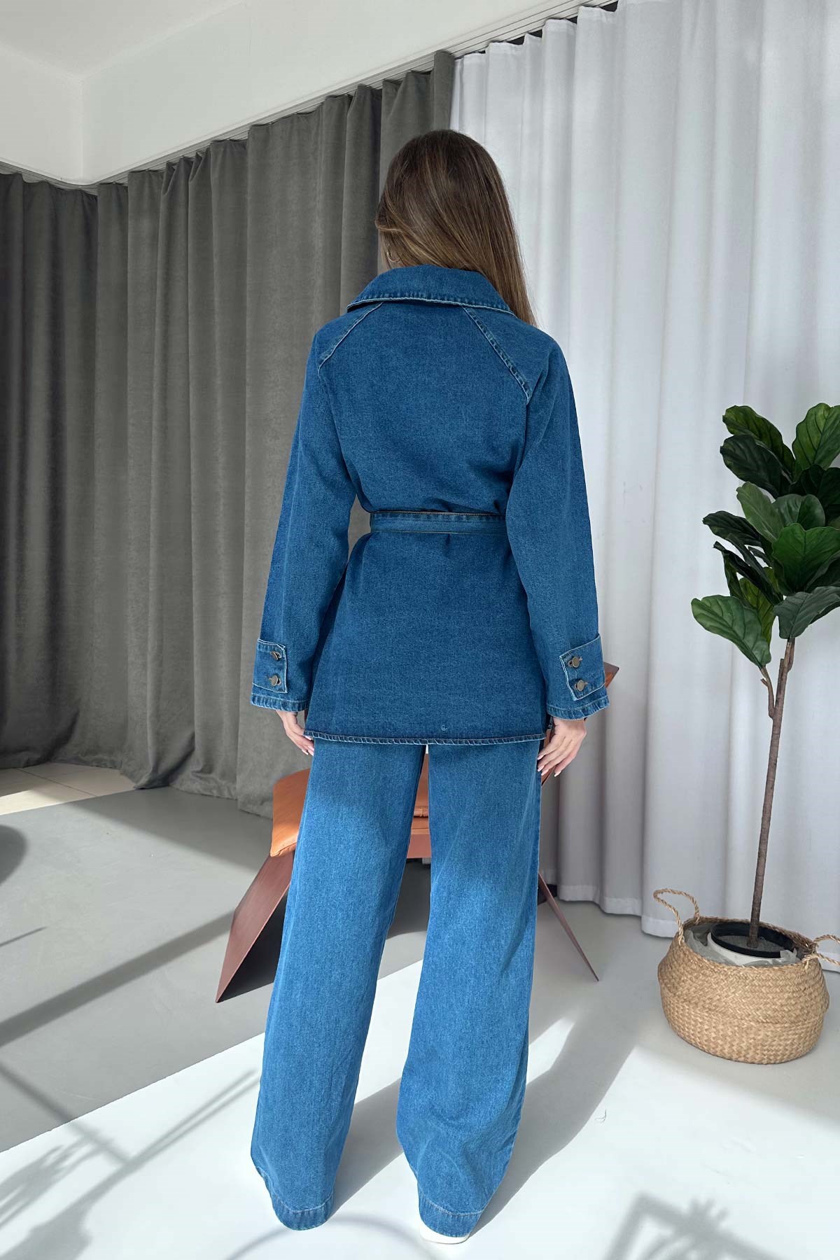 Kuşak Detay Gömlek Yaka Denim Takım - Mavi