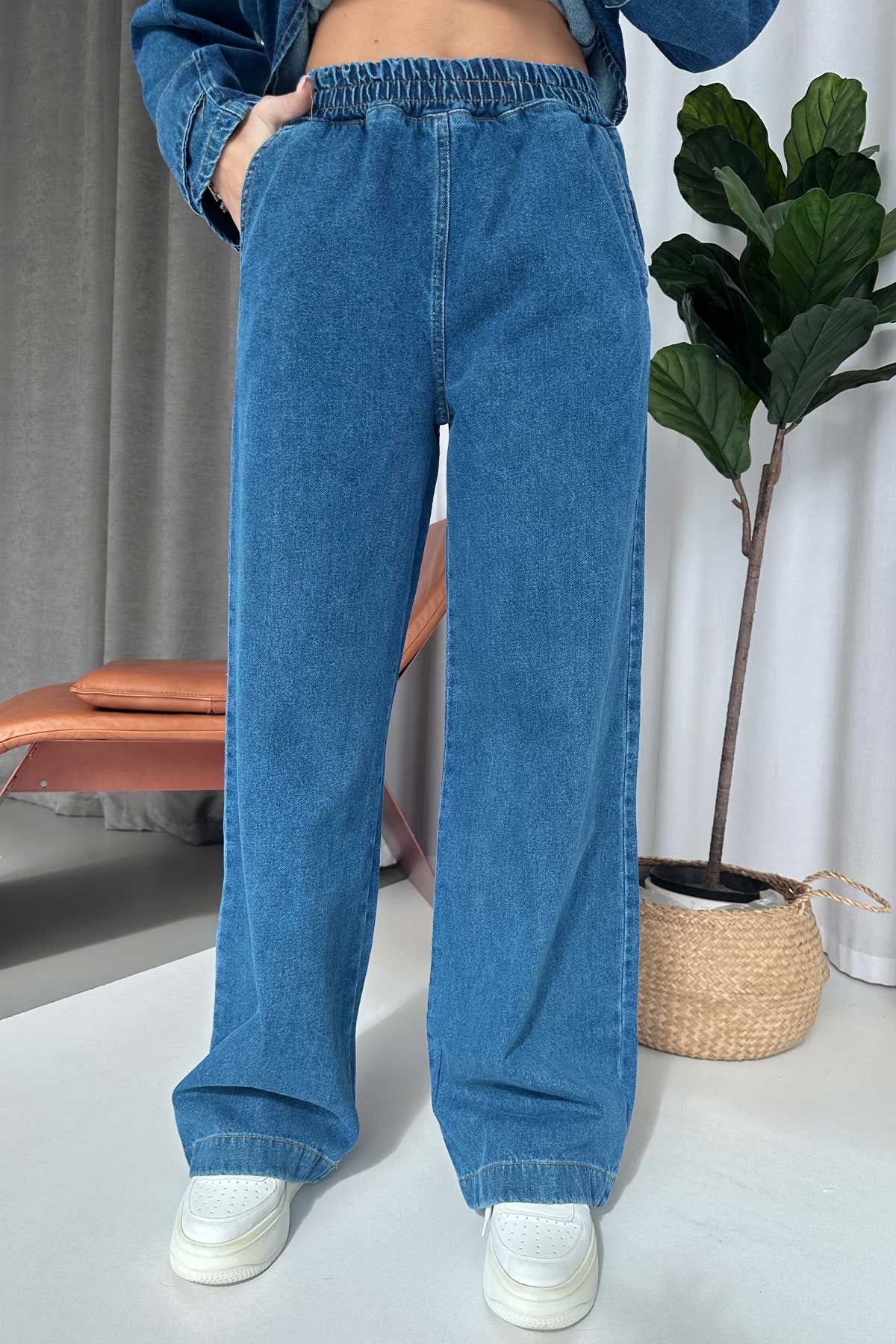 Kuşak Detay Gömlek Yaka Denim Takım - Mavi