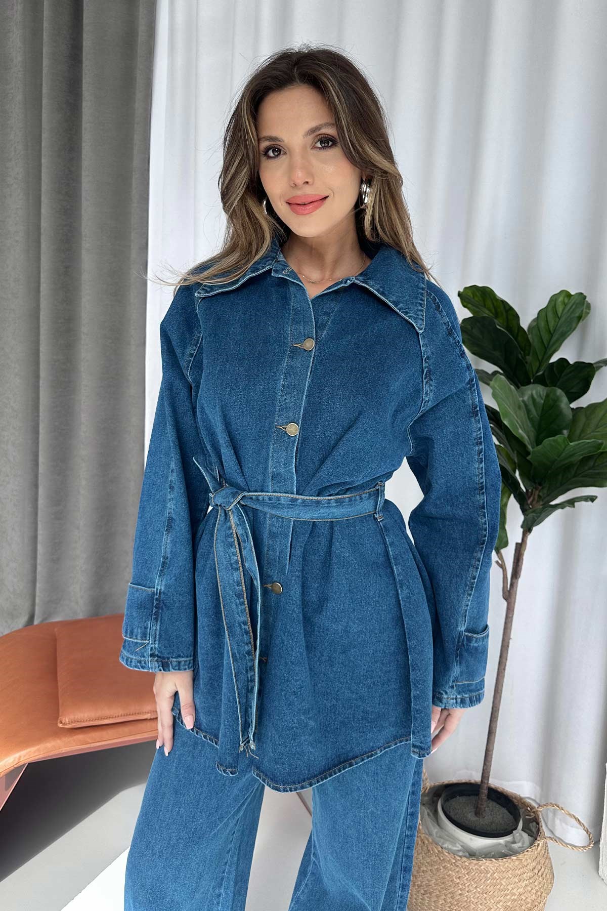 Kuşak Detay Gömlek Yaka Denim Takım - Mavi