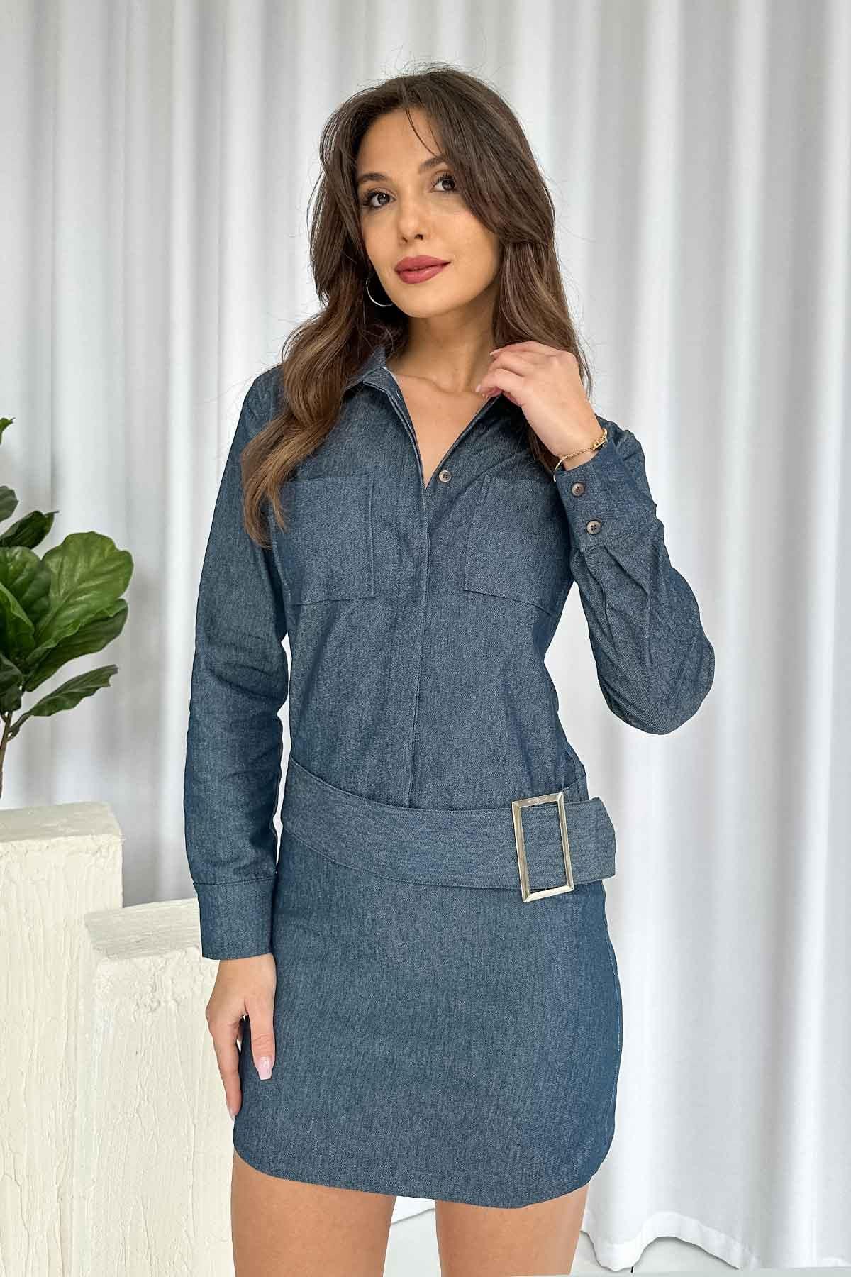 Lacivert Yıkamalı Kemerli Elbise