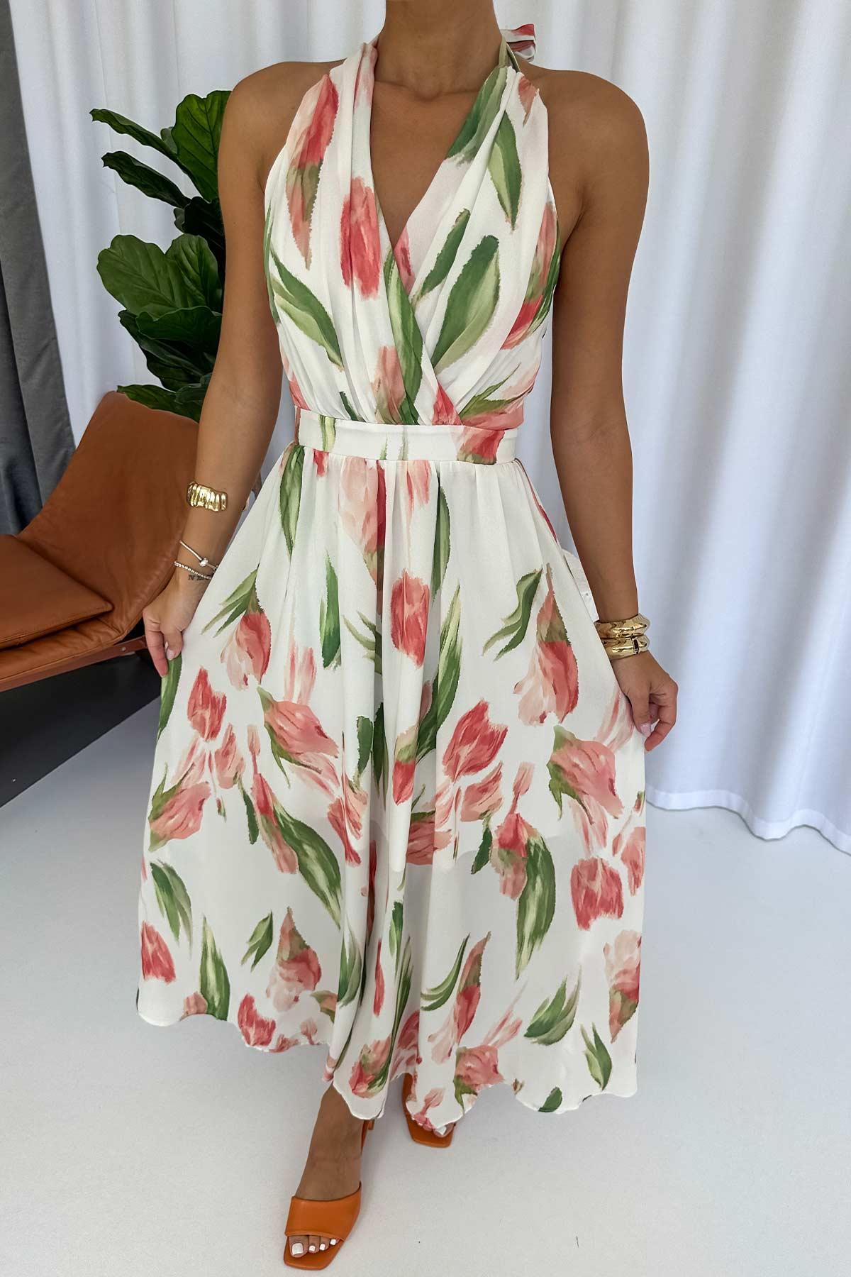 Lale Desenli Belden Oturan Uzun Şifon Elbise - Pembe