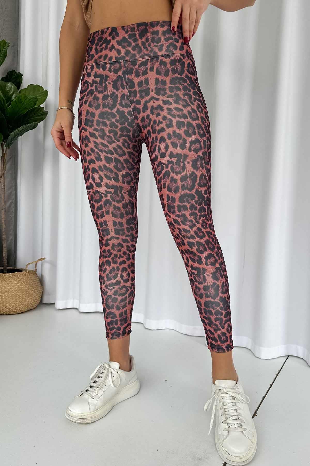 Leopar Desen İçi Şardonlu Kadın Toparlayıcı Tayt - Bordo