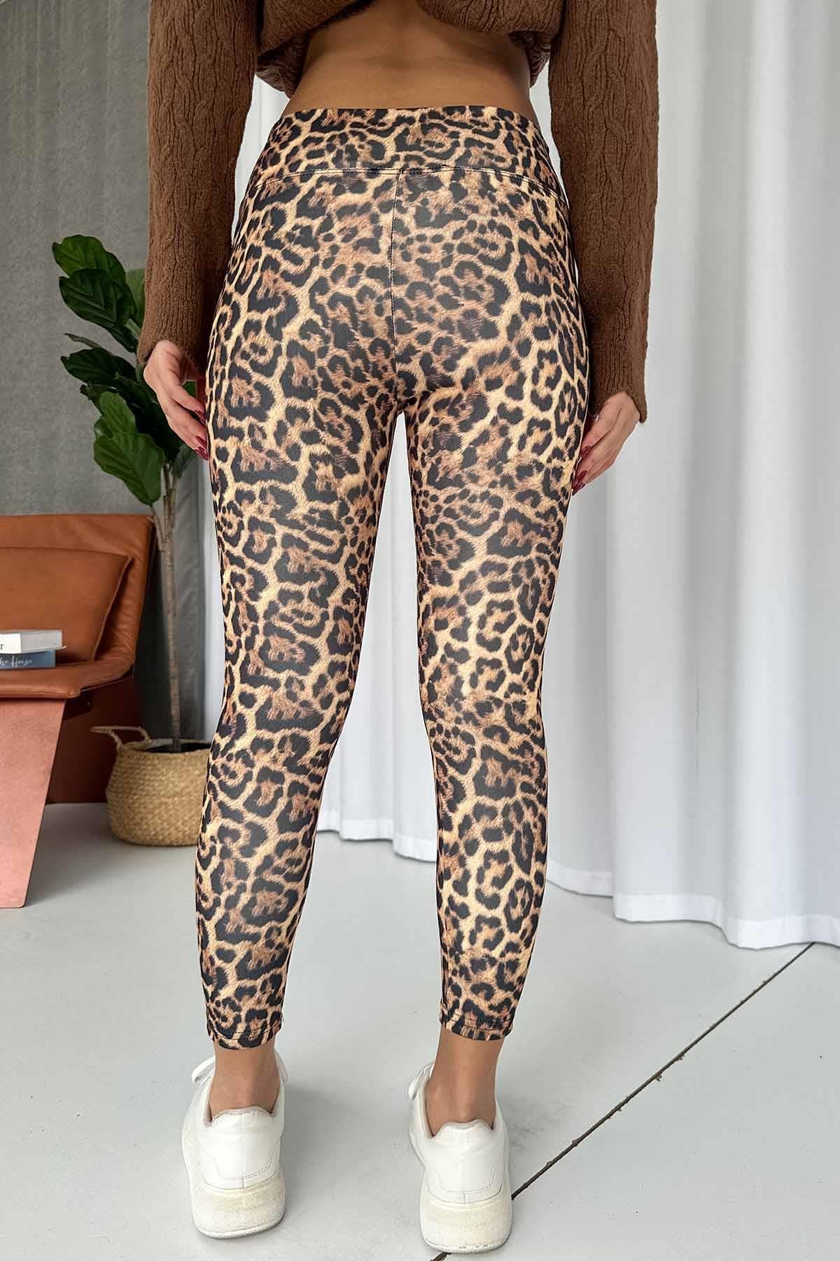 Leopar Desen İçi Şardonlu Kadın Toparlayıcı Tayt - Sarı