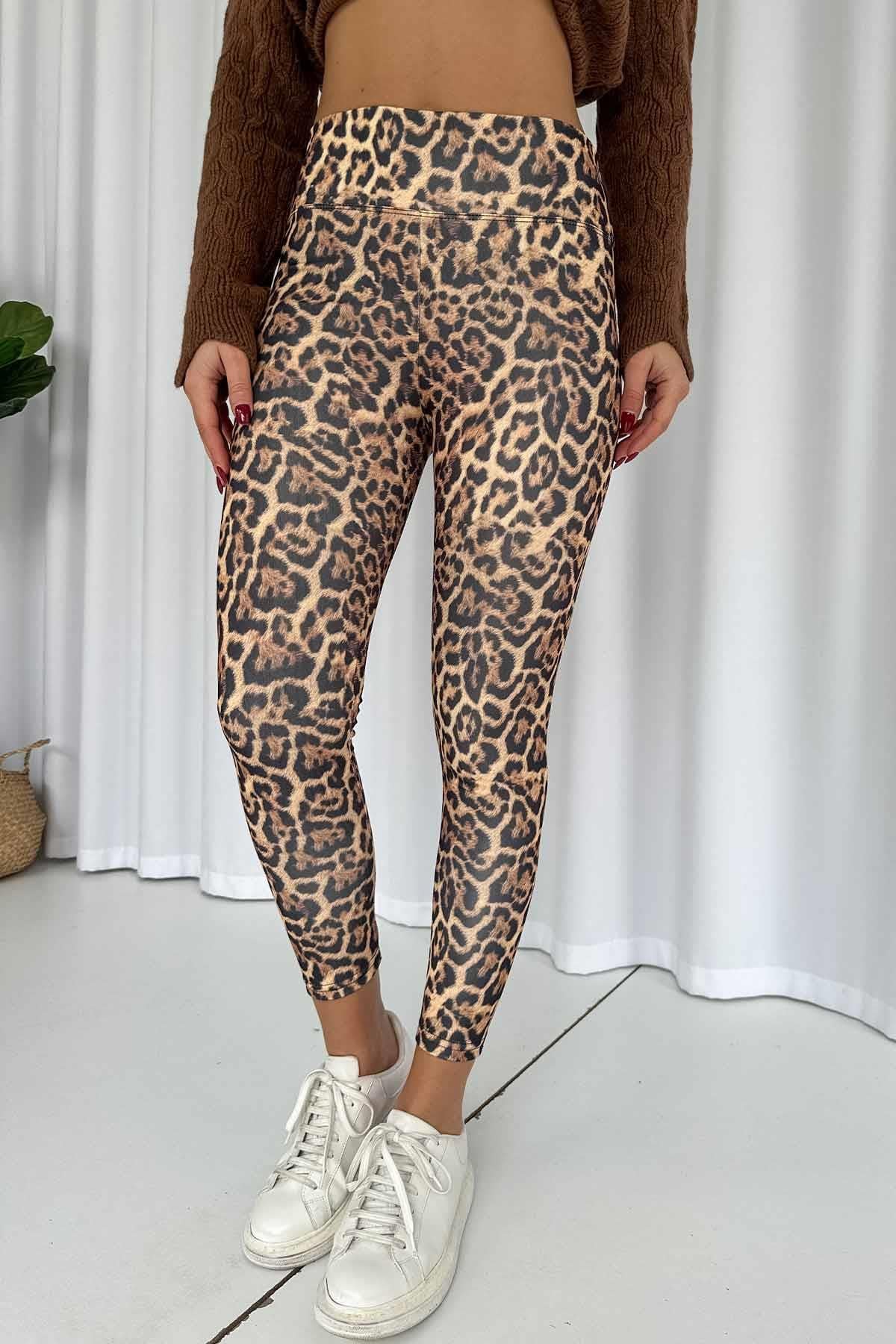 Leopar Desen İçi Şardonlu Kadın Toparlayıcı Tayt - Sarı