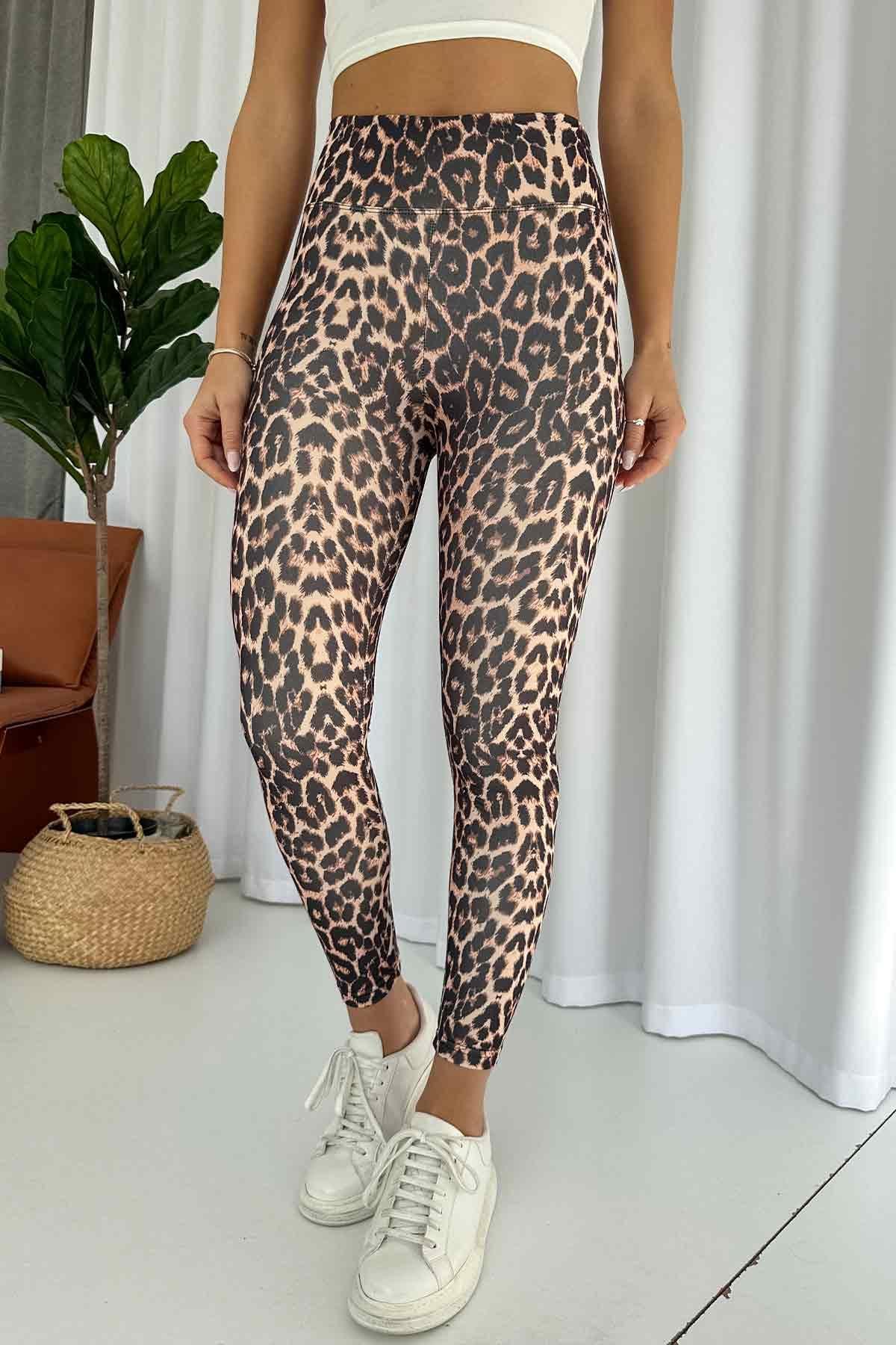 Leopar Desen İçi Şardonlu Kadın Toparlayıcı Tayt - Bej