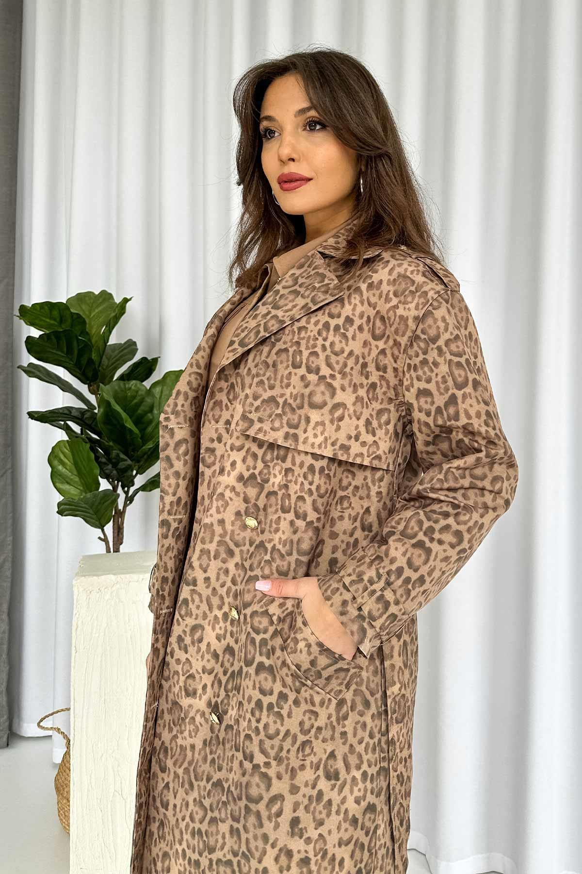 Leopar Desenli Kruvaze Astarlı Kadın Uzun Trençkot