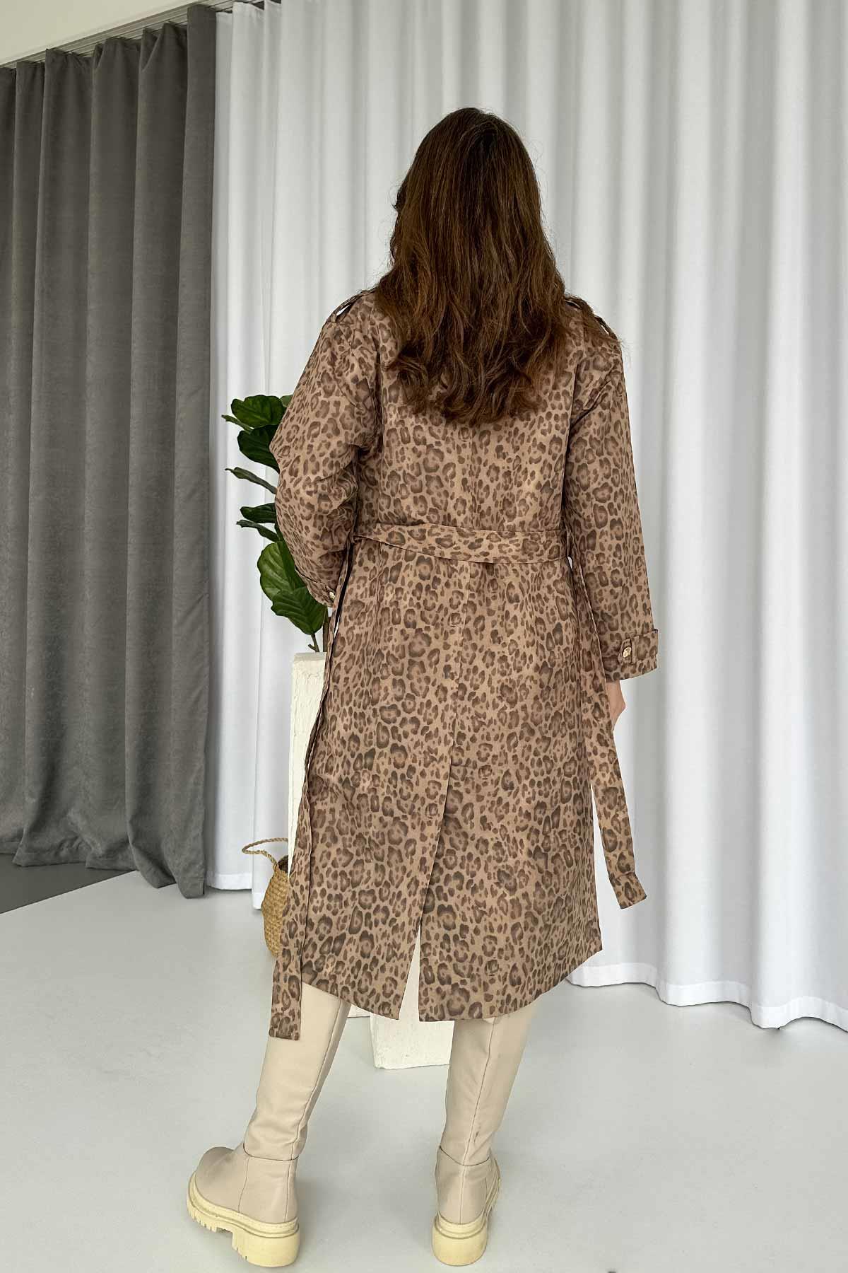 Leopar Desenli Kruvaze Astarlı Kadın Uzun Trençkot