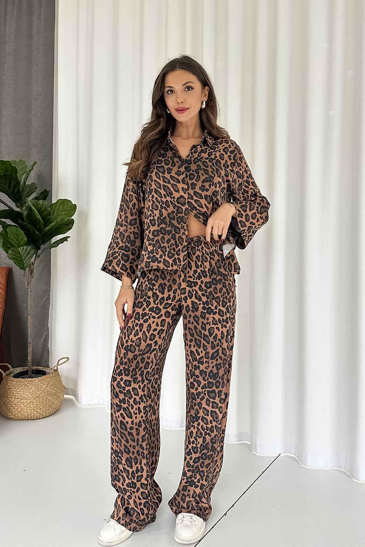 Leopar Gömlek Pantolon Takım - Kahverengi