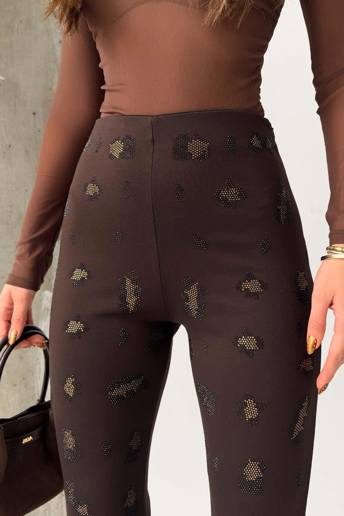 Leopar Taşlı Çelik Kumaş Palazzo Pantolon - Kahverengi