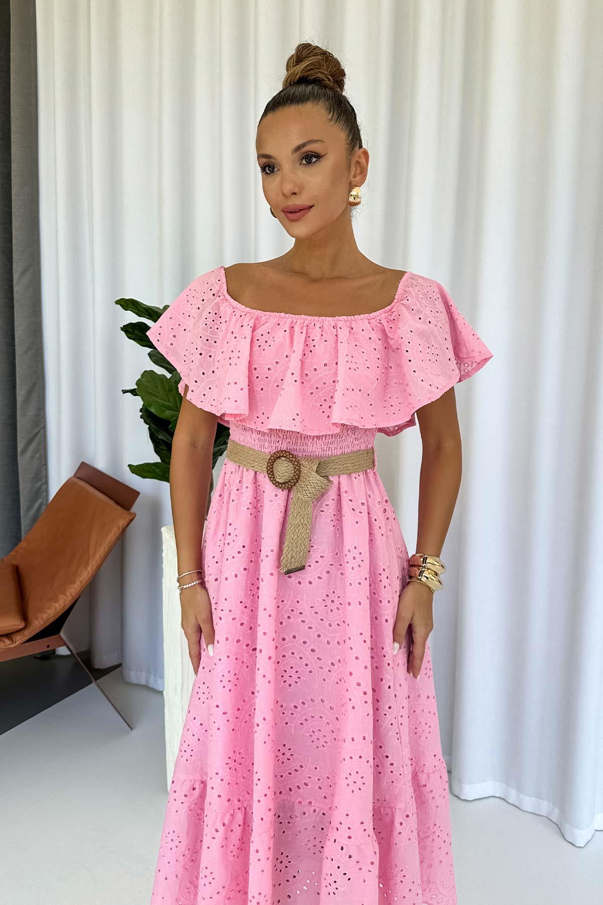 Madonna Yaka Fisto Detaylı Kemerli Elbise - Pembe
