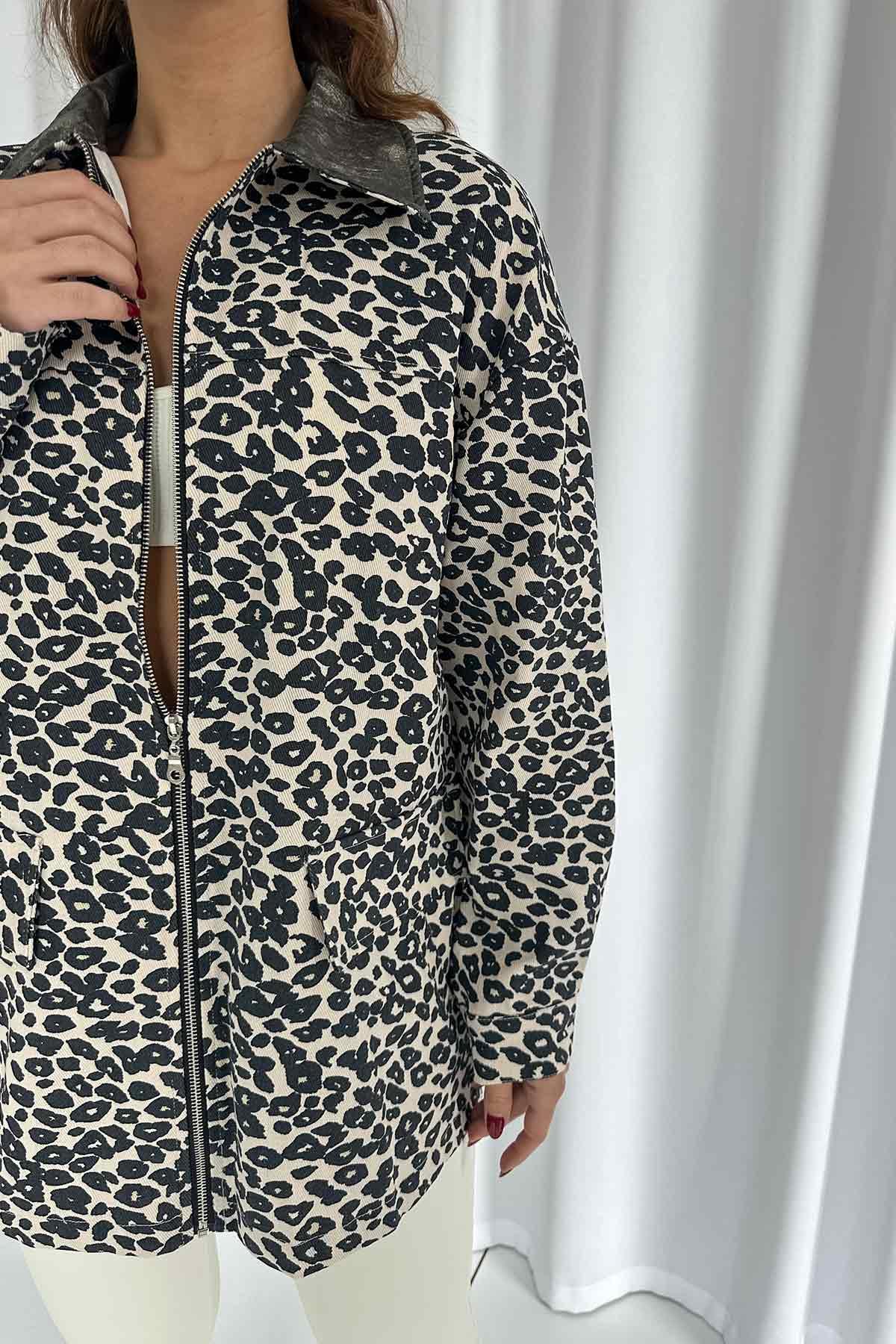 Manchester Leopar Kadın Ceket - Ekru