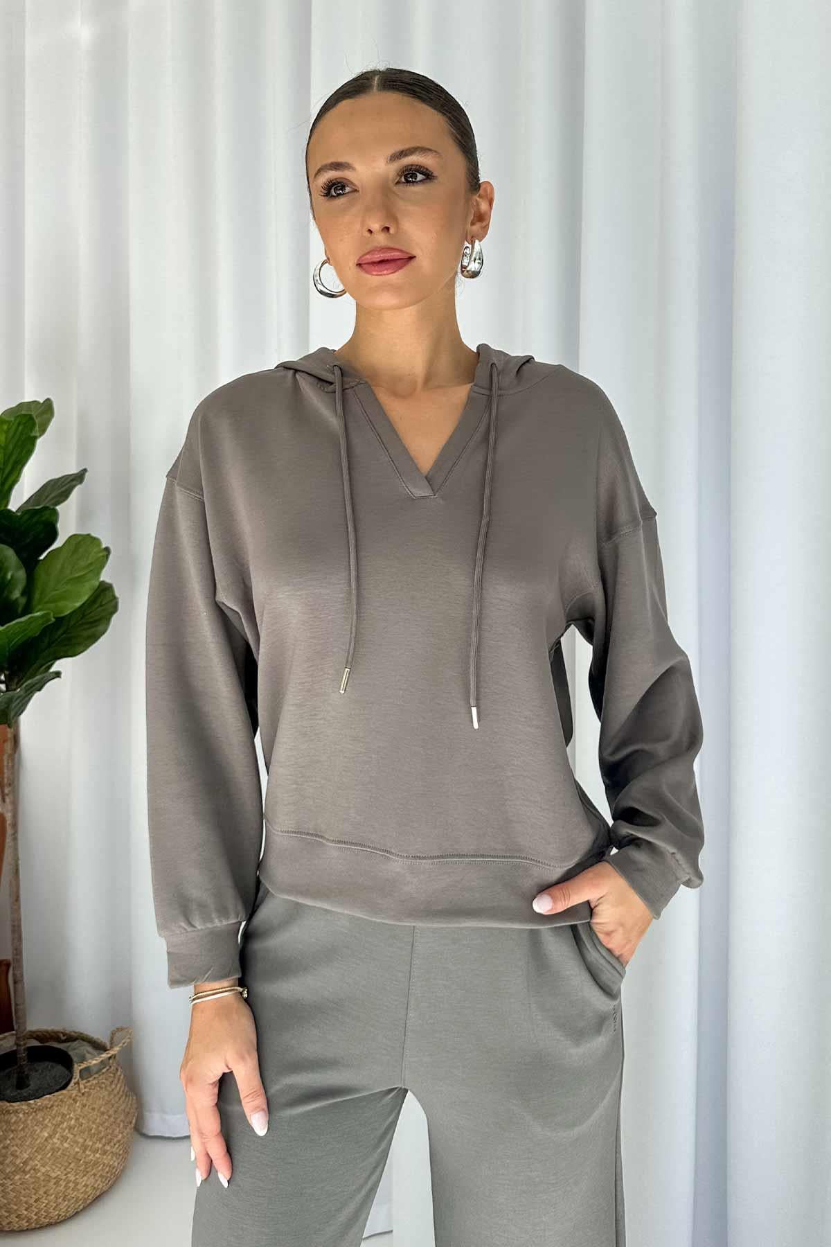 Modal Kumaş Kapüşonlu Sweatshirt - Gri