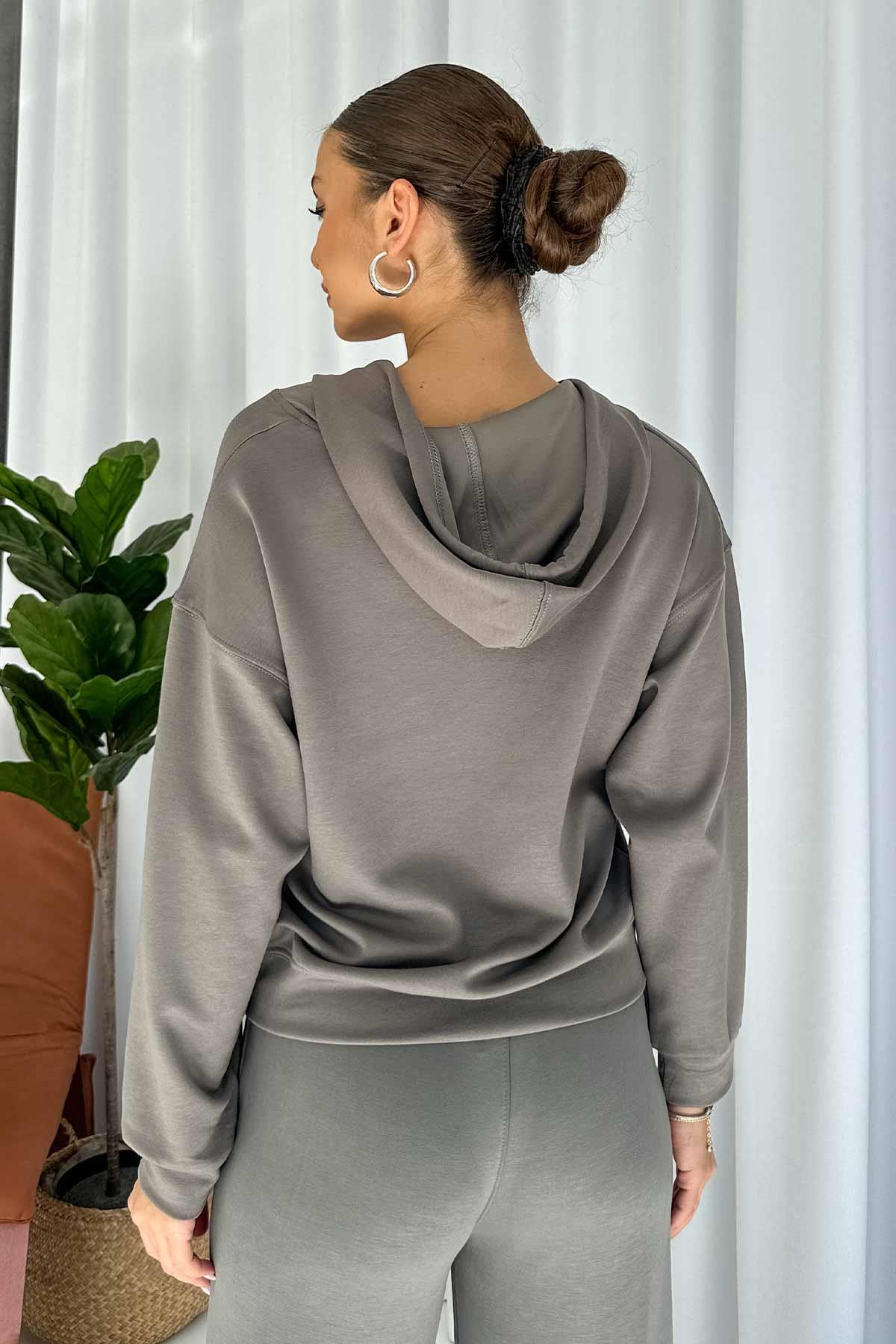 Modal Kumaş Kapüşonlu Sweatshirt - Gri