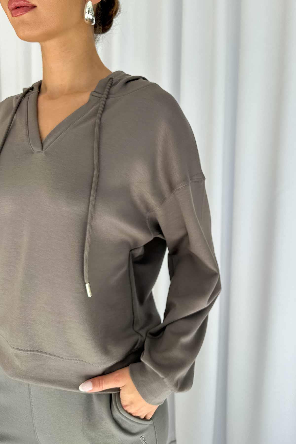 Modal Kumaş Kapüşonlu Sweatshirt - Gri
