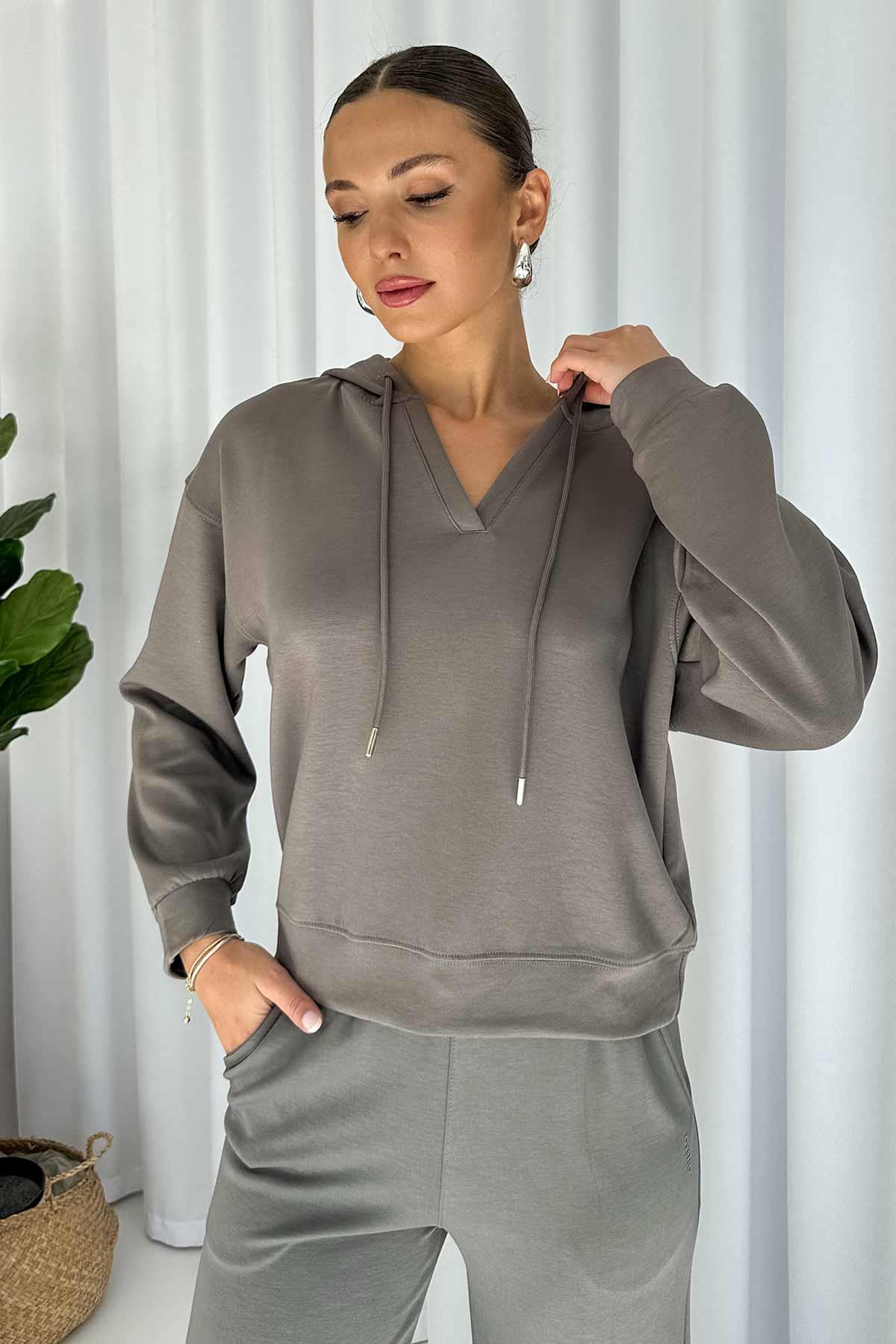 Modal Kumaş Kapüşonlu Sweatshirt - Gri