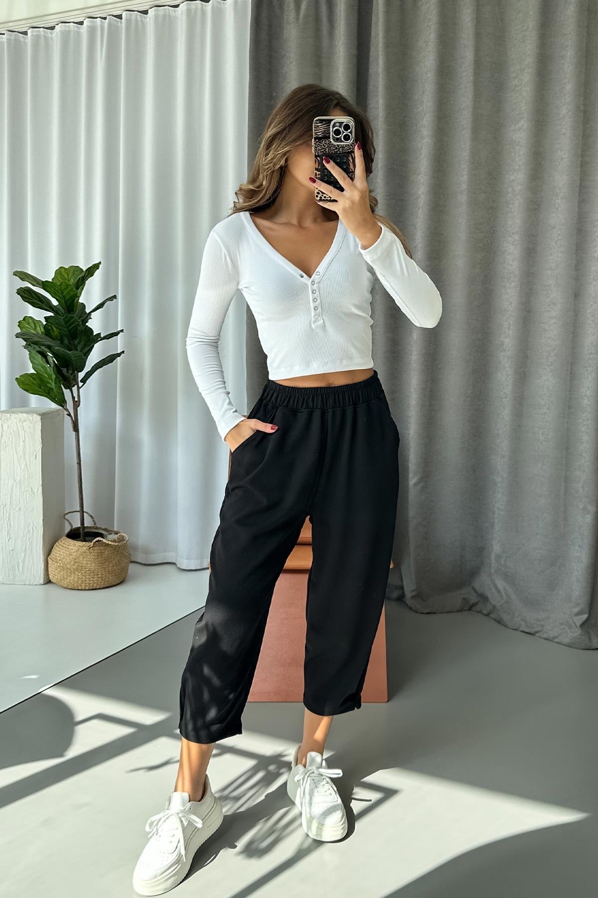 Modal Kumaş Paça Tutturmalı Kadın Pantolon - Siyah