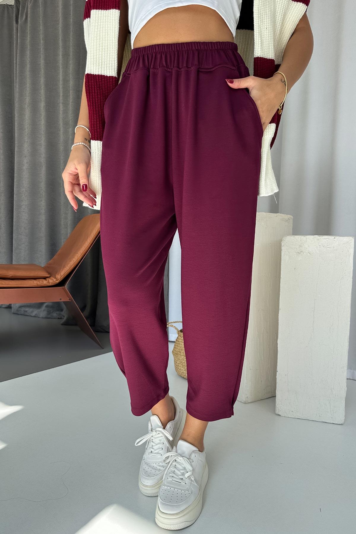 Modal Kumaş Paça Tutturmalı Kadın Pantolon - Mürdüm