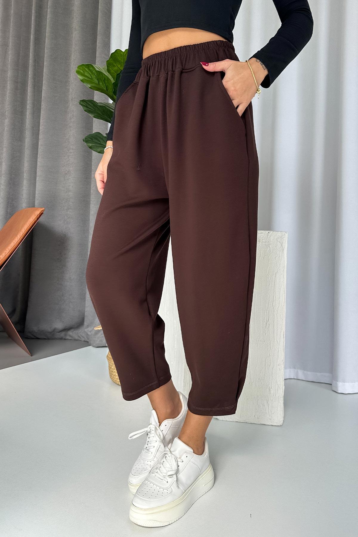 Modal Kumaş Paça Tutturmalı Kadın Pantolon - Kahverengi