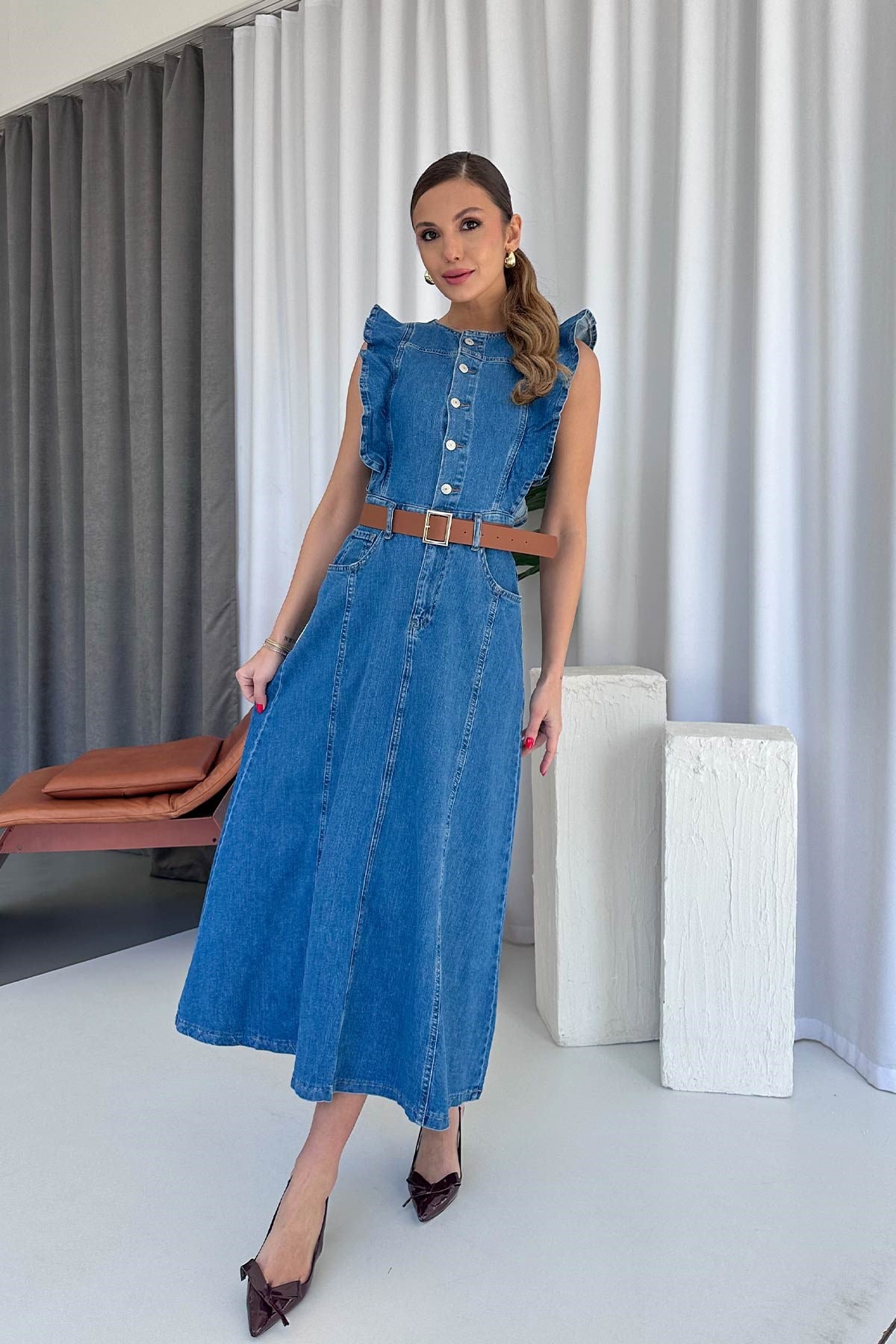 Omuz Fırfır Detaylı Denim Kadın Kemerli Elbise