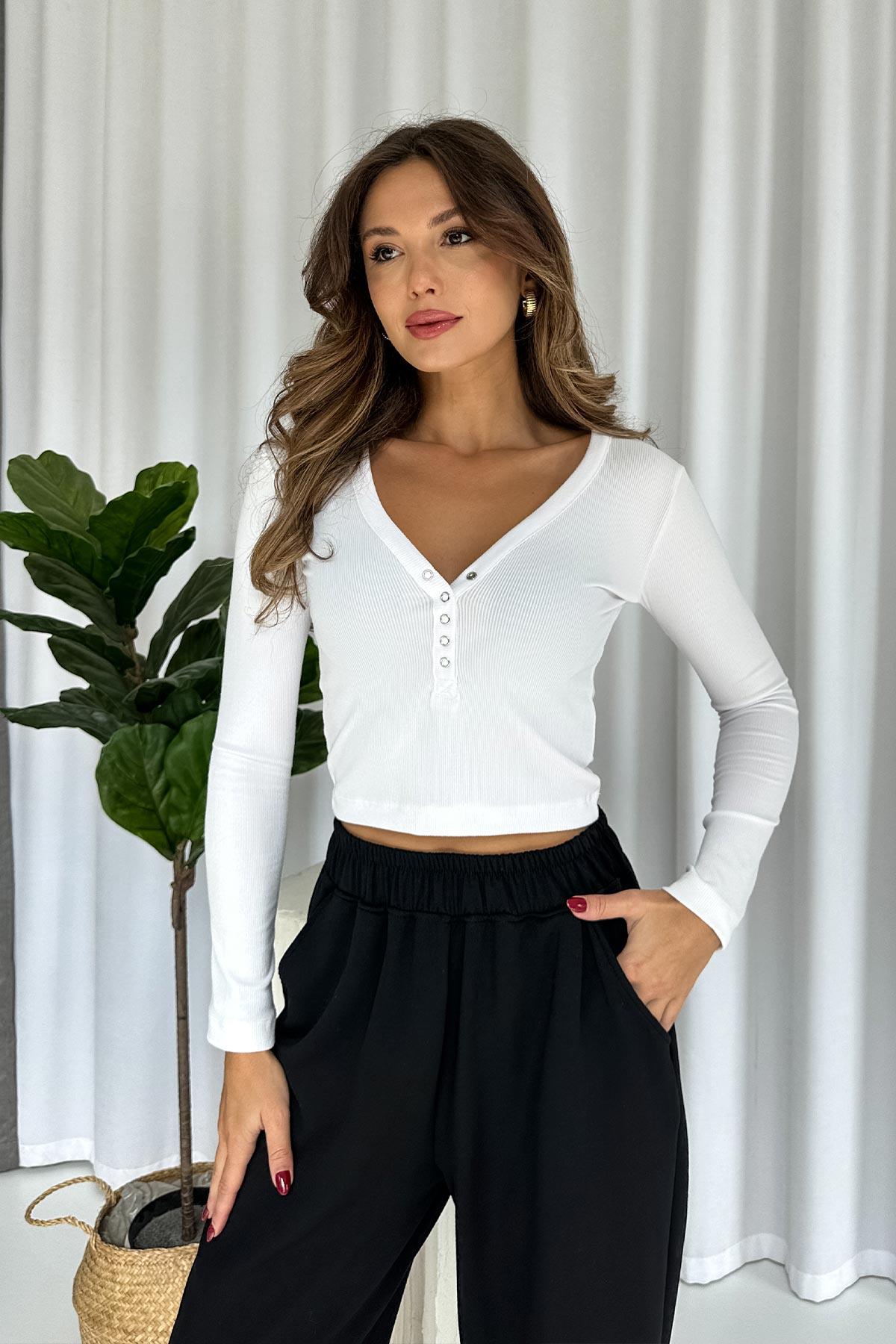 Önü Çıtçıtlı Uzun Kol Kaşkorse Body - Beyaz