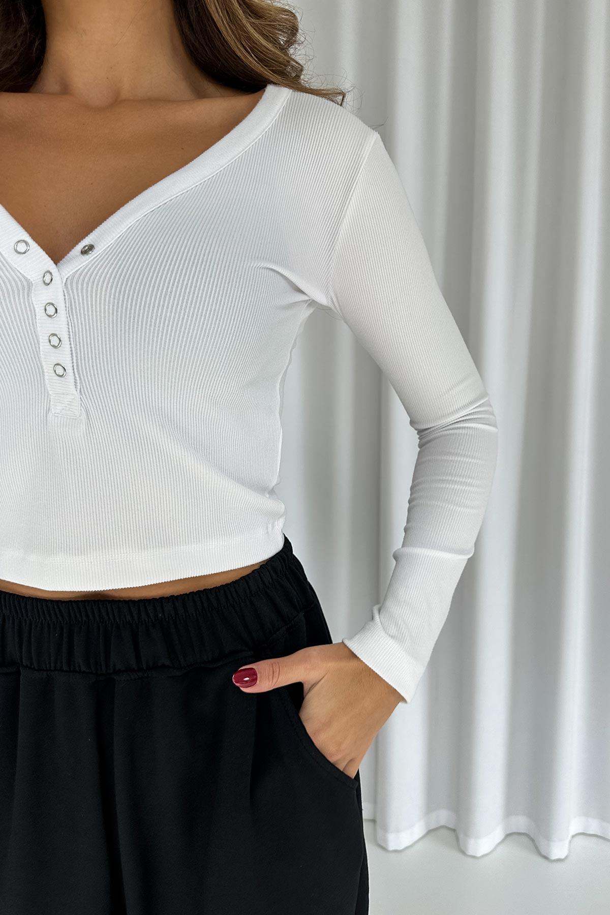 Önü Çıtçıtlı Uzun Kol Kaşkorse Body - Beyaz