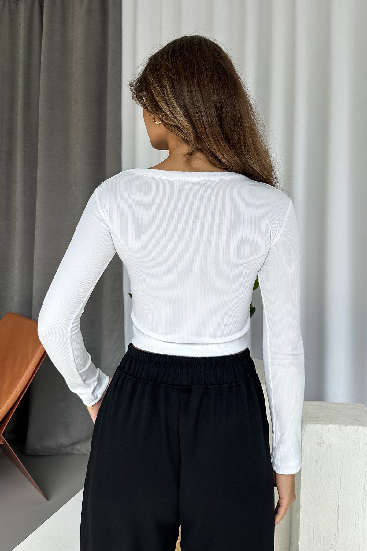 Önü Çıtçıtlı Uzun Kol Kaşkorse Body - Beyaz