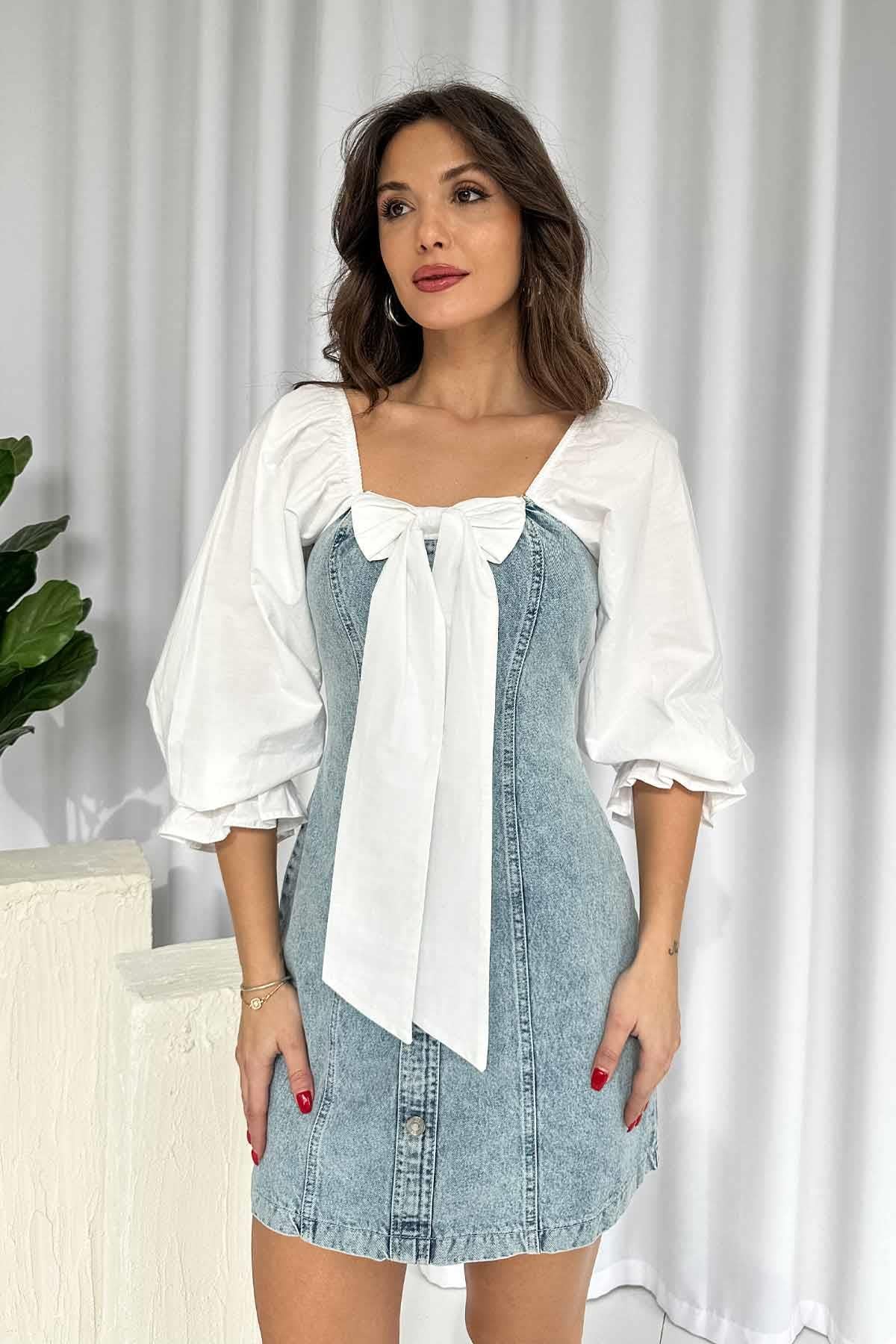Önü Fiyonklu Kadın Mini Kot Elbise