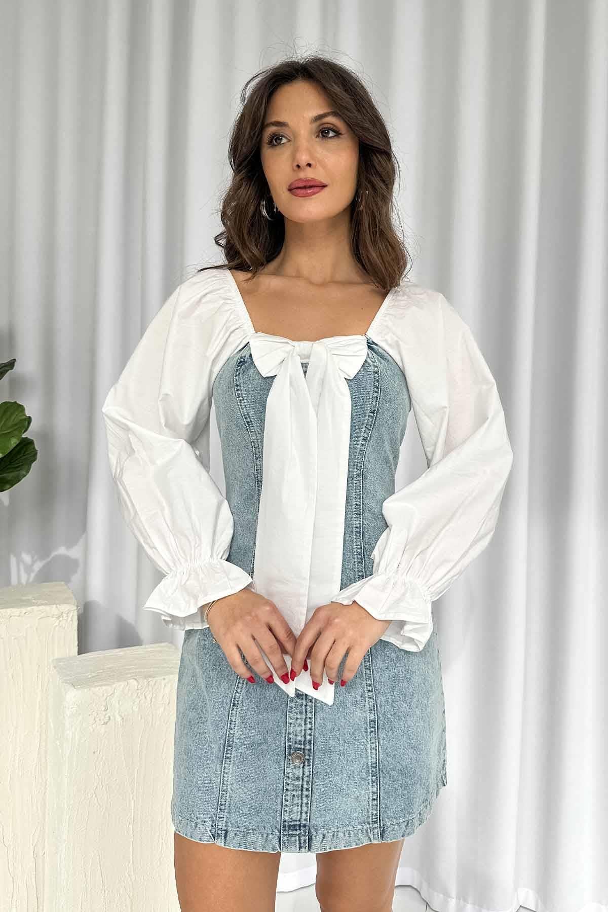 Önü Fiyonklu Kadın Mini Kot Elbise