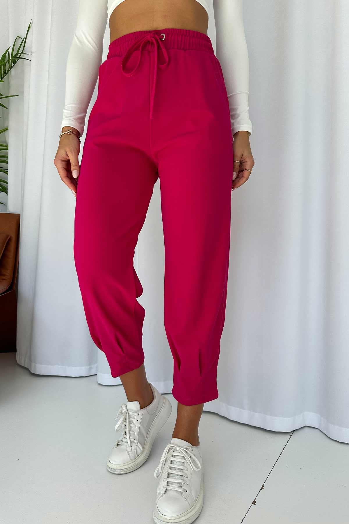 Paça Pensli Kuşgözü Krep Kadın Pantolon - Fuşya
