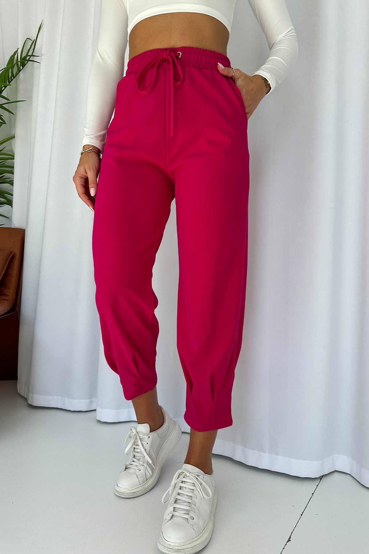 Paça Pensli Kuşgözü Krep Kadın Pantolon - Fuşya