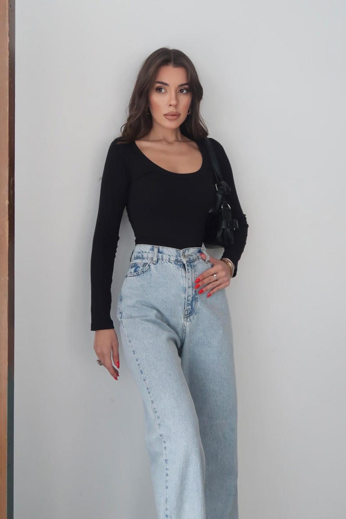 Pamuk Kaşkorse U Yaka Dikişli Uzun Kol Body - Siyah