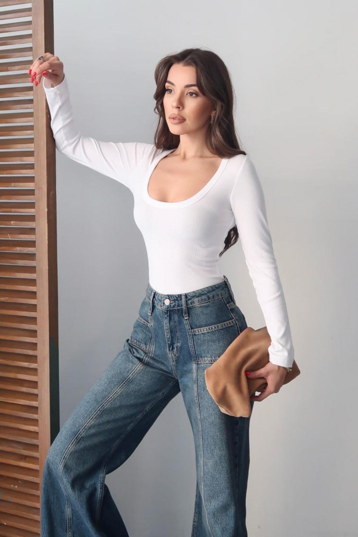 Pamuk Kaşkorse U Yaka Dikişli Uzun Kol Body - Beyaz