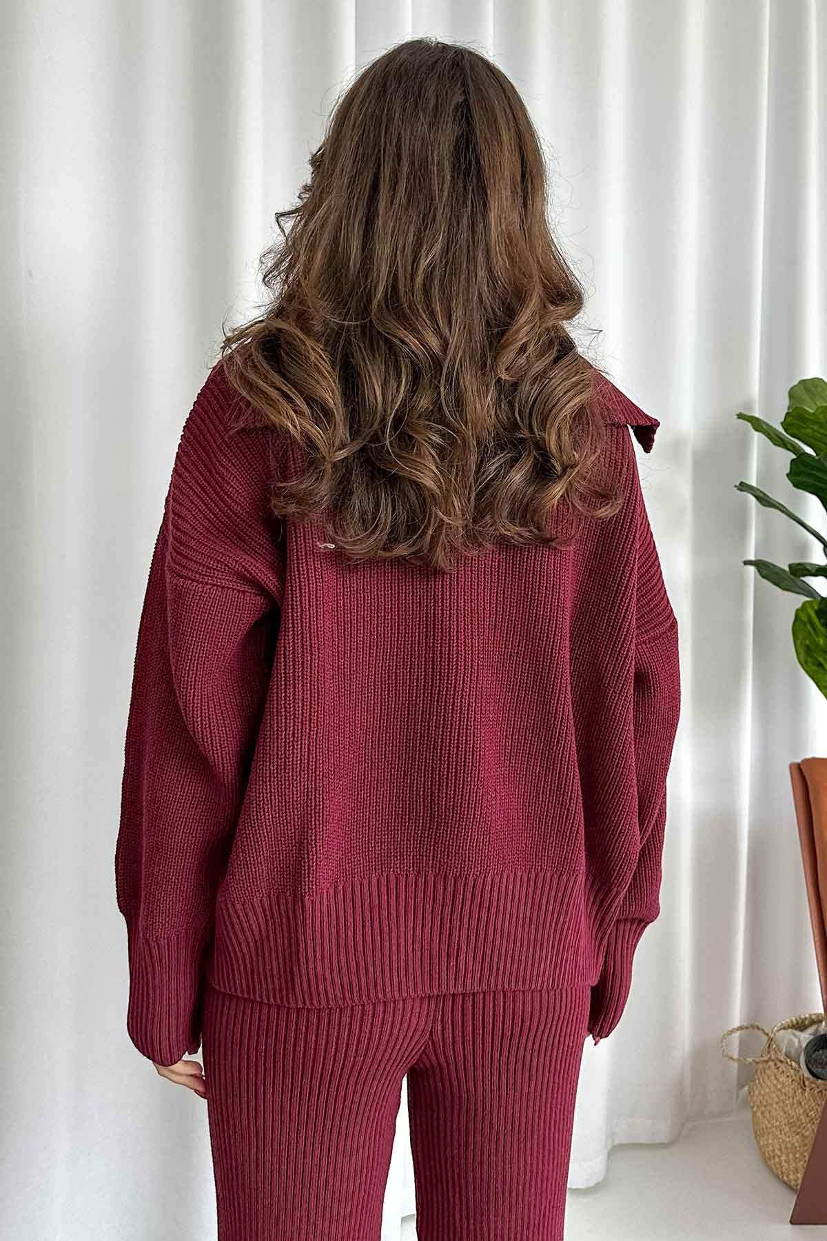 Paraşüt Kumaş Detaylı Örme Takım - Bordo
