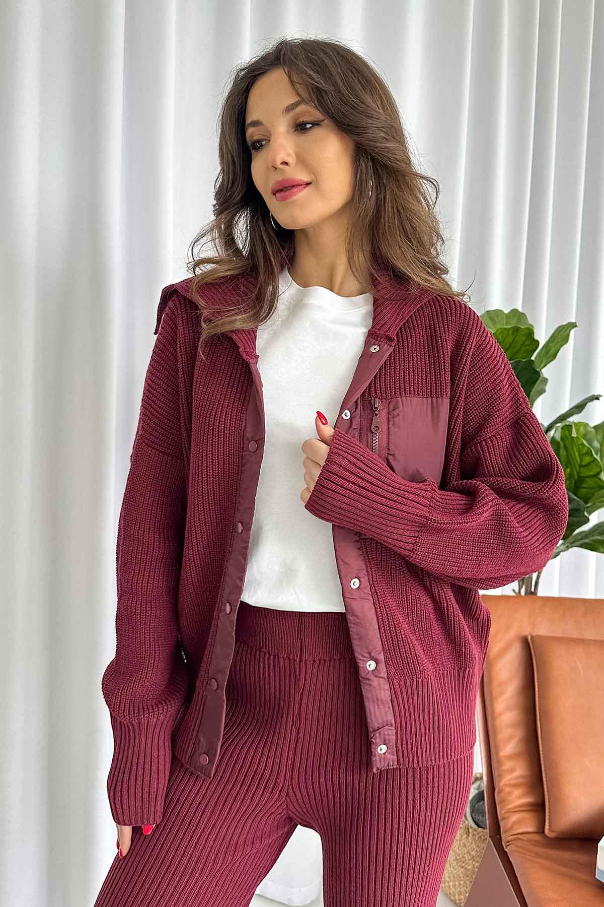 Paraşüt Kumaş Detaylı Örme Takım - Bordo