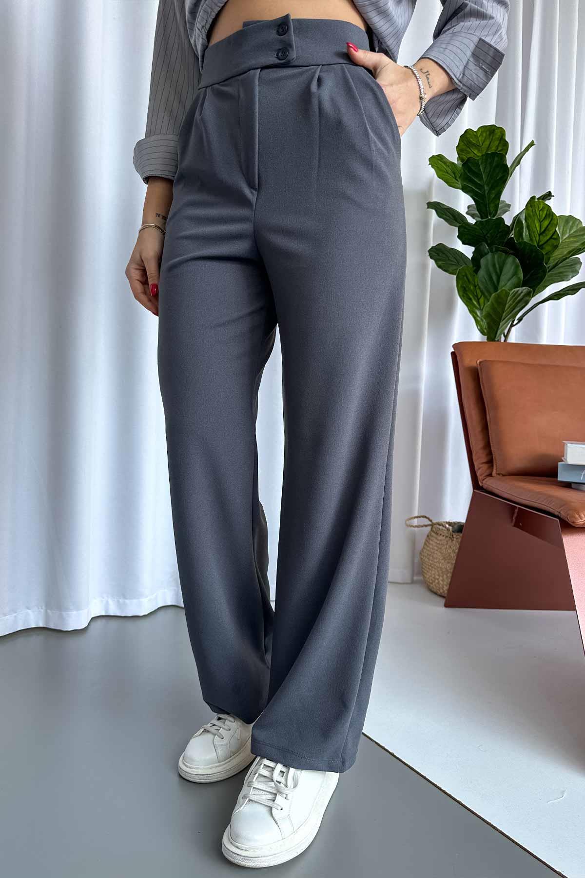 Scuba Krep Çift Düğmeli Palazzo Kadın Pantolon - Füme