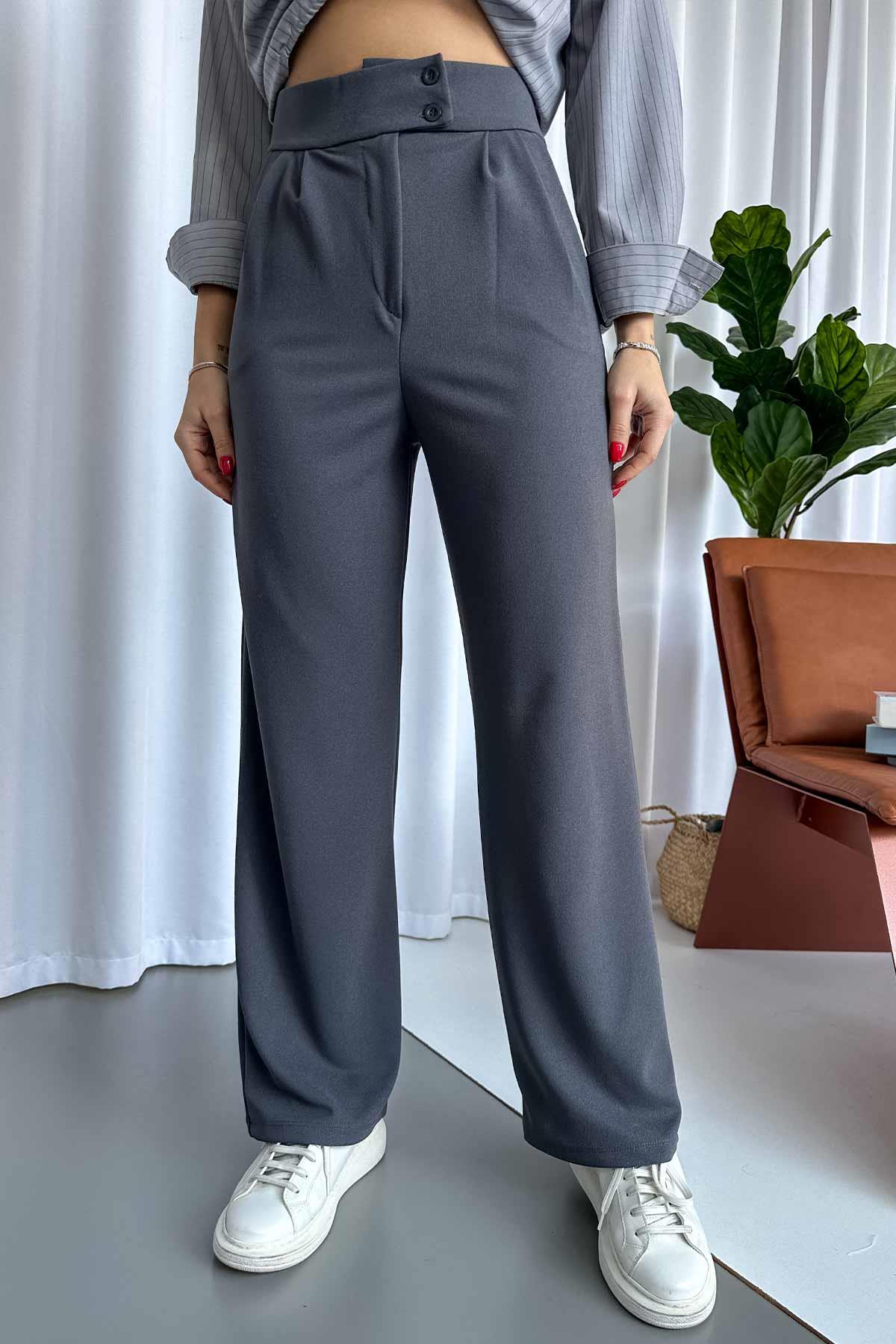 Scuba Krep Çift Düğmeli Palazzo Kadın Pantolon - Füme