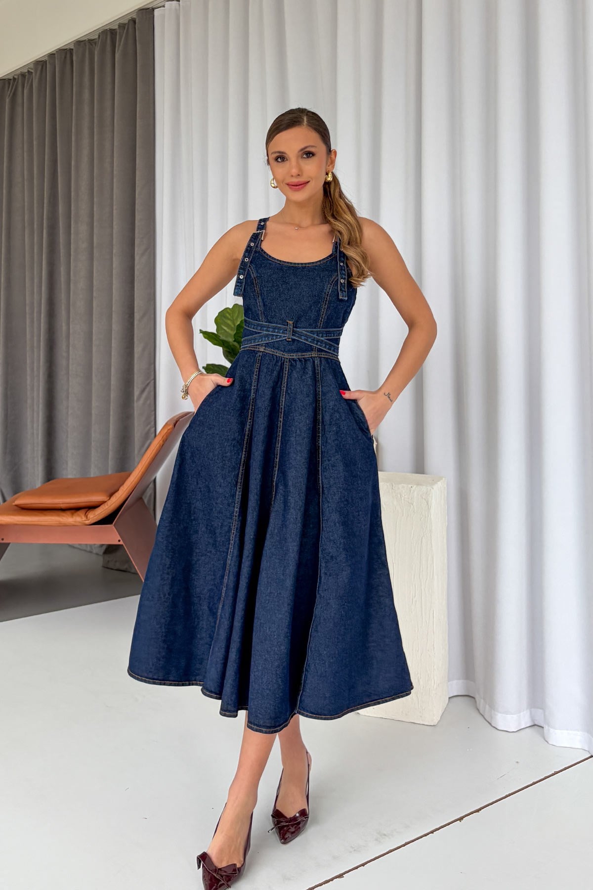 Sırtı Çapraz Denim Midi Kadın Elbise - Koyu Mavi